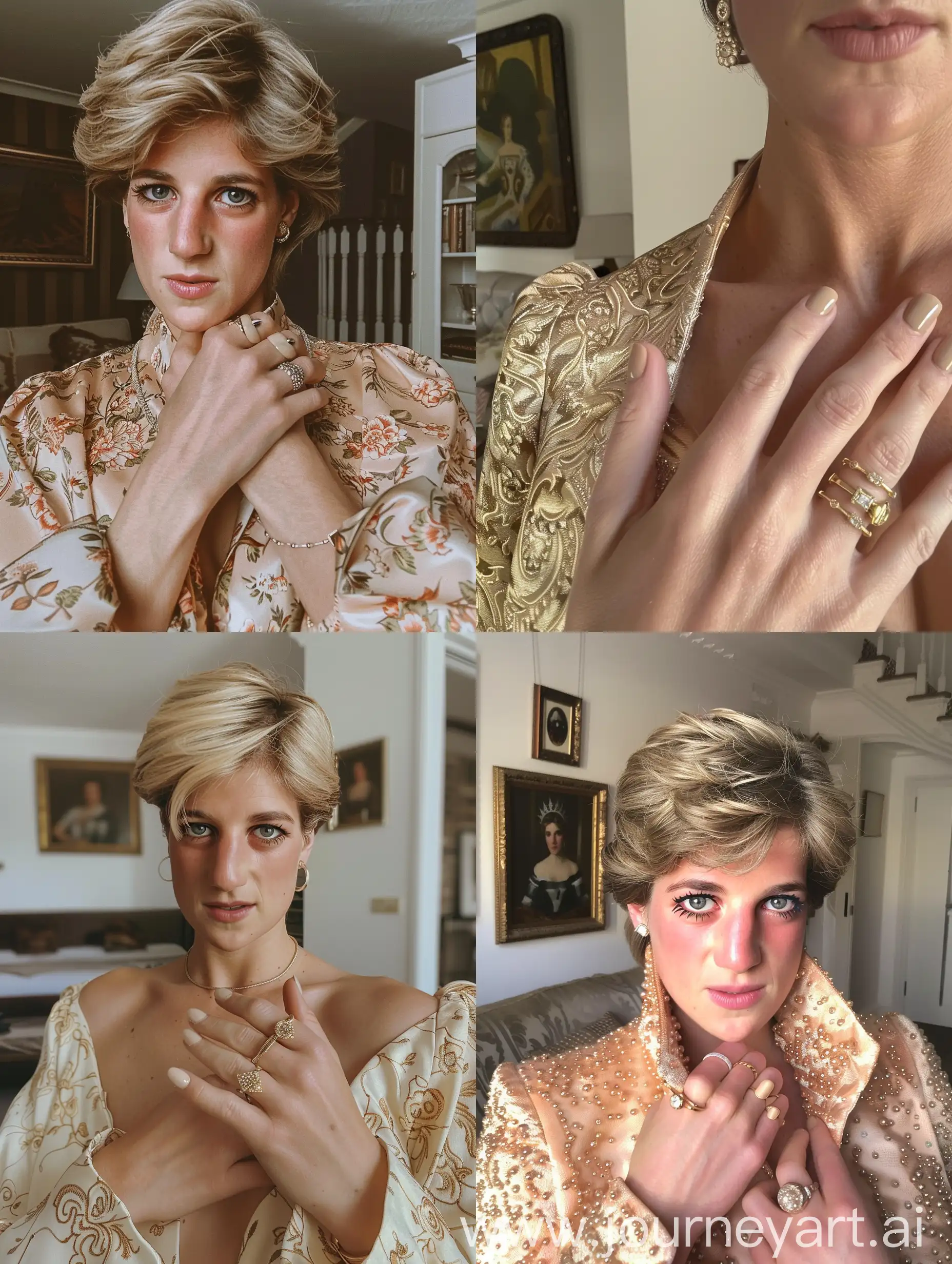 Aesthetic Instagram selfie of princess Diana wearing modern clothes, in a modern London flat, close up selfie, manicured, beige gel nail polish, one hand gripping chest, rings
