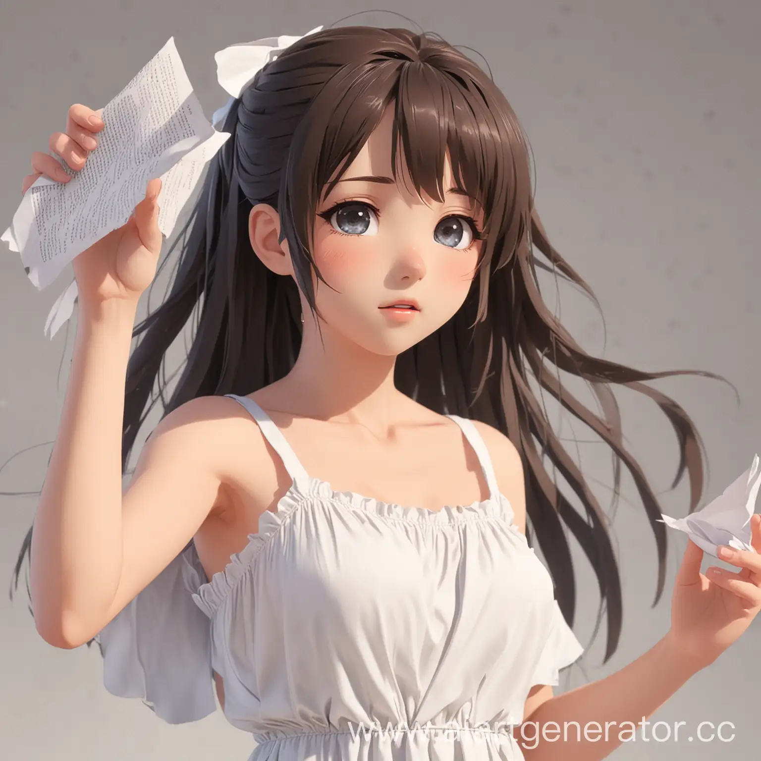 Anime-Girl-in-White-Sundress-with-Eyes-Closed-Reaching-Forward-with-Paper