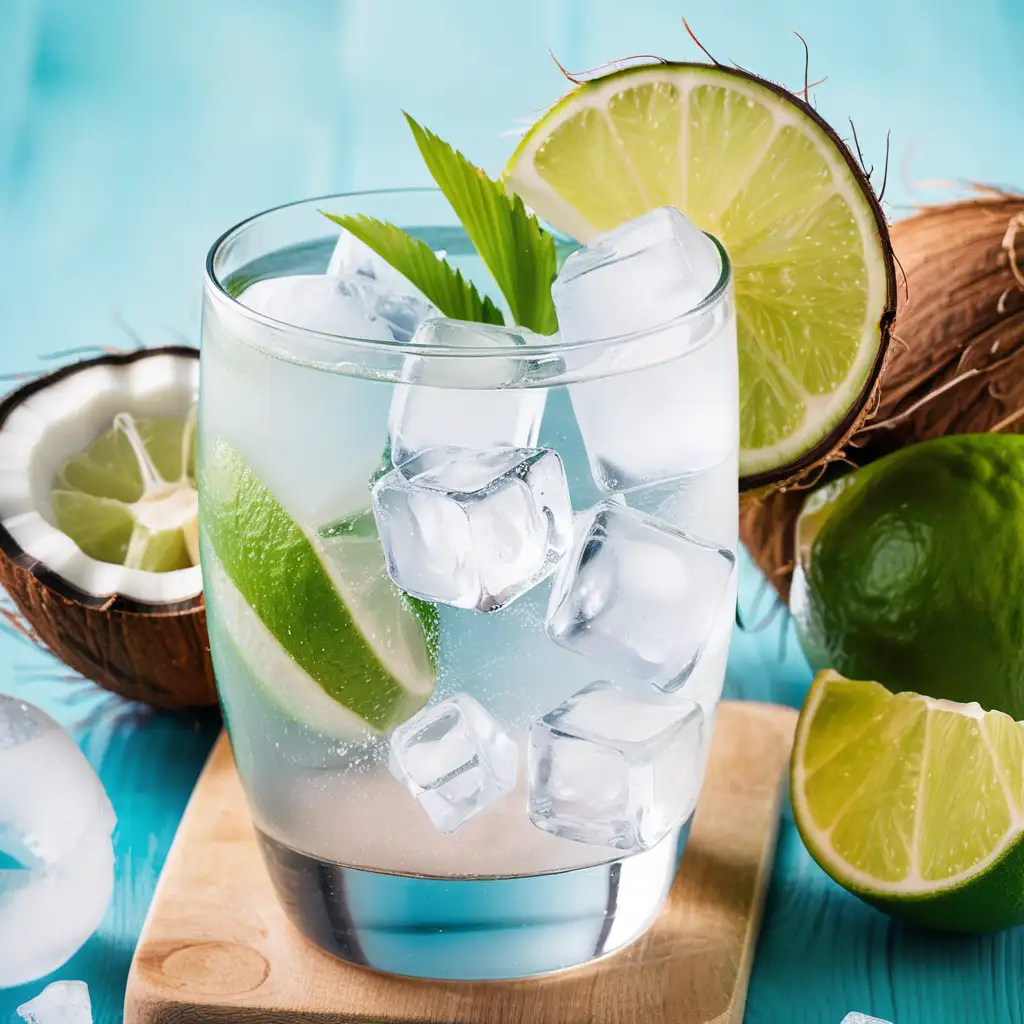 Refreshing Coconut Water and Lime Juice Drink with Ice Cubes