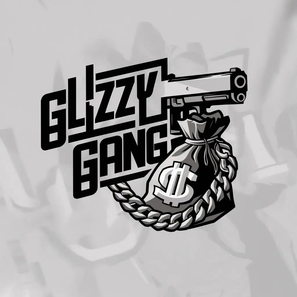 a logo design,with the text "Glizzy Gang", main symbol:A Glock and a money bag with a Cuban chain wrapped around it,Moderate,clear background
