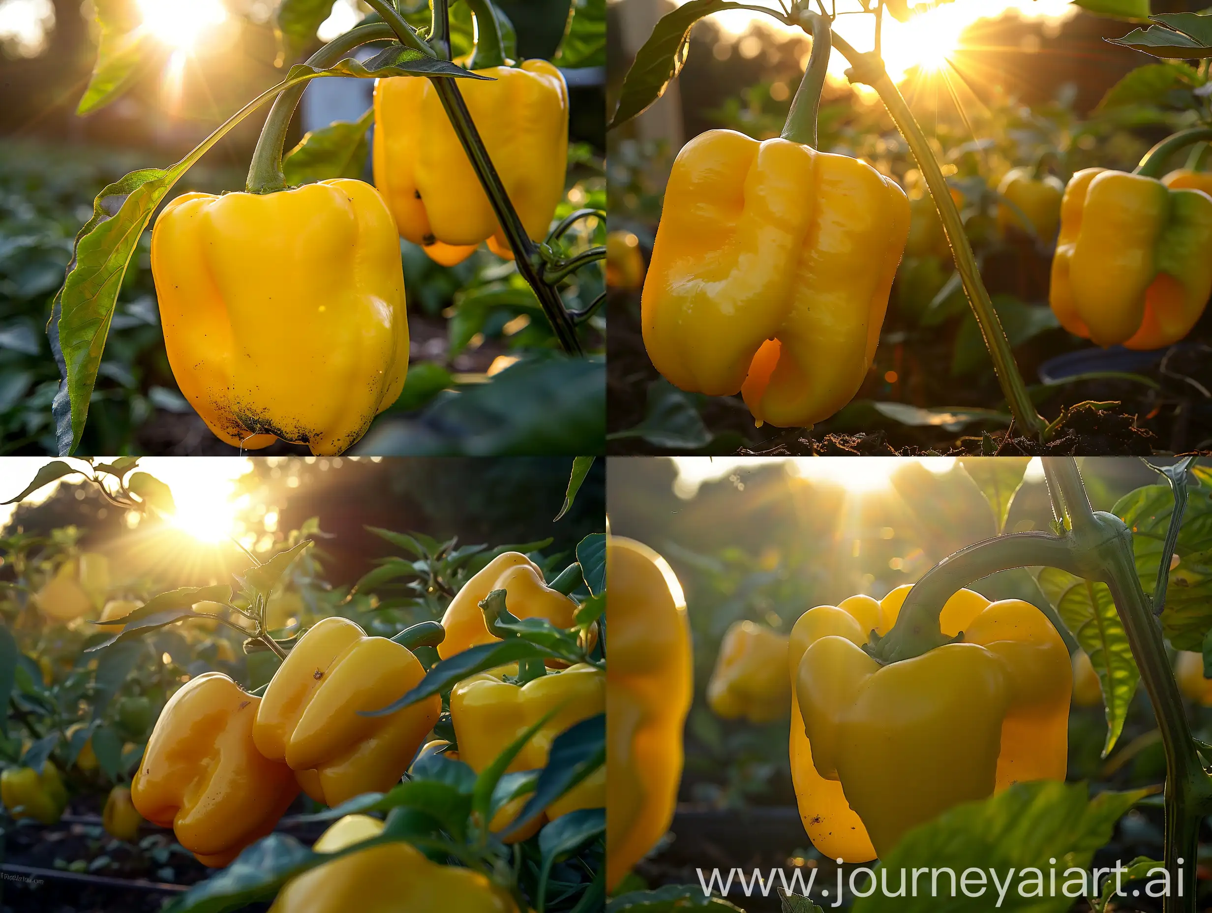 High detailed photo capturing a Pepper, Sweet, Nibbler Yellow. The sun, casting a warm, golden glow, bathes the scene in a serene ambiance, illuminating the intricate details of each element. The composition centers on a Pepper, Sweet, Nibbler Yellow. Go ahead, take a bite–these exceptionally sweet snackers are seedless and ready to eat right off the plant! Glossy, 4” bright-yellow peppers have wonderfully crisp texture. No seeds means simple slicing! Separate ‘Nibbler’ plants from standard non-seedles. The image evokes a sense of tranquility and natural beauty, inviting viewers to immerse themselves in the splendor of the landscape. --ar 16:9 