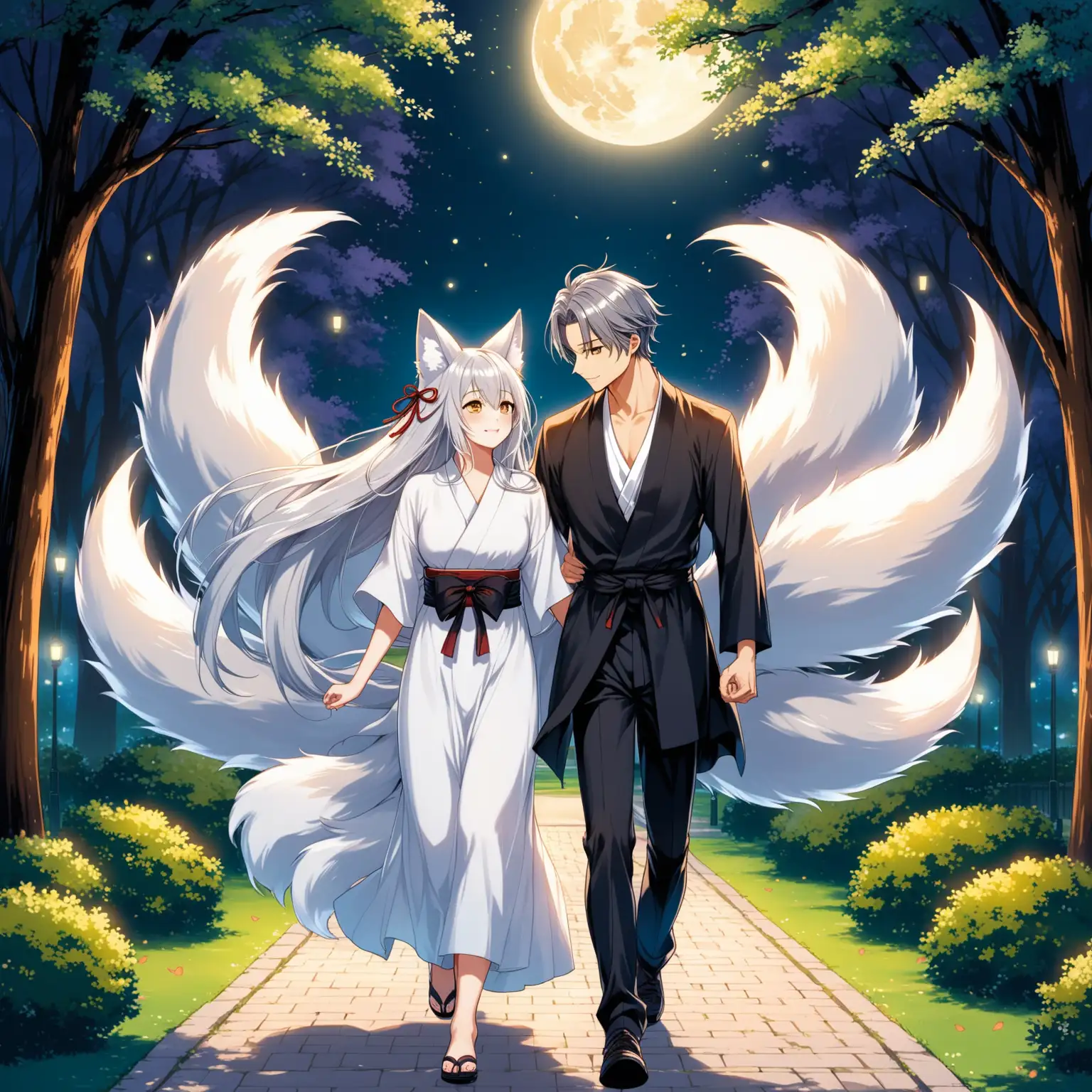 A beautiful kitsune with 9 tails, and a love-struck grey-haired young man, walking in a park in the moonlight