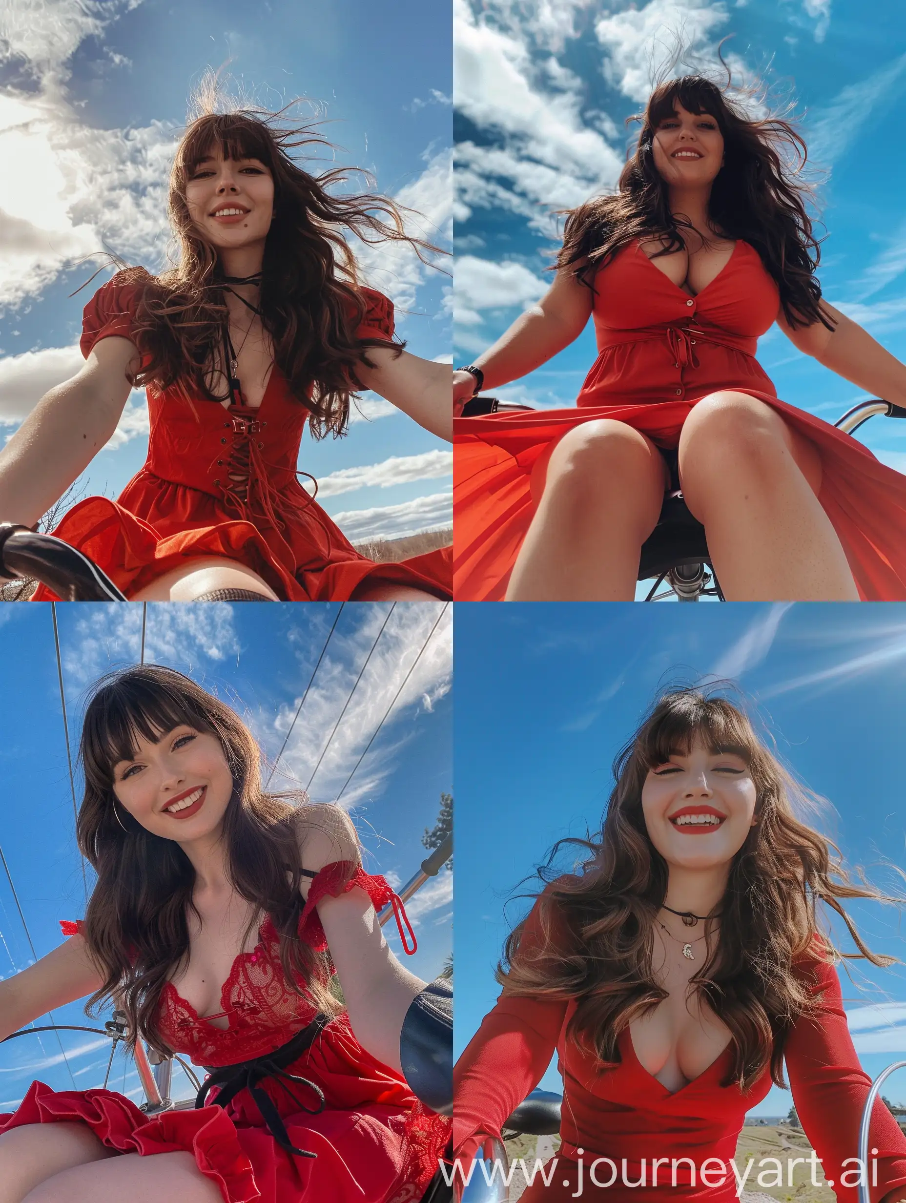 a girl, 22 years old, long  hair, bangs, bangs hair, red dress, curvy, fat legs, , black boots, smiling, , sitting on a bicycle, no effects, selfie , iphone selfie, no filters, natural , iphone photo natural, camera down angle, sky view, down view