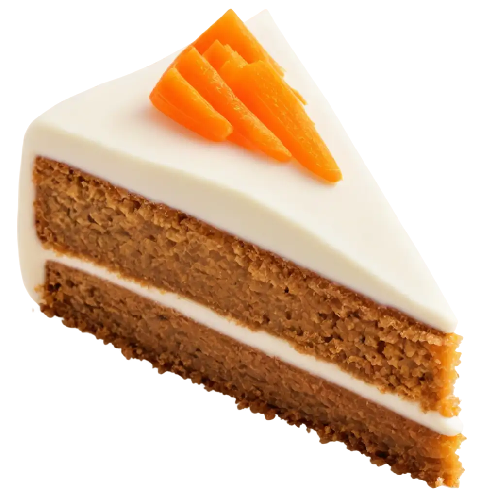 Carrot cake triangle slice on the white background with the carrot on the top of it.