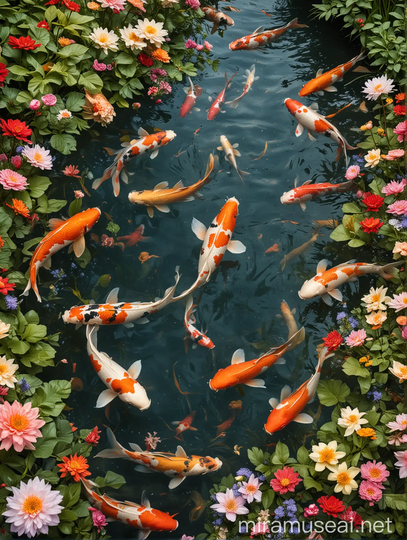 Koi fish swimming among flowers