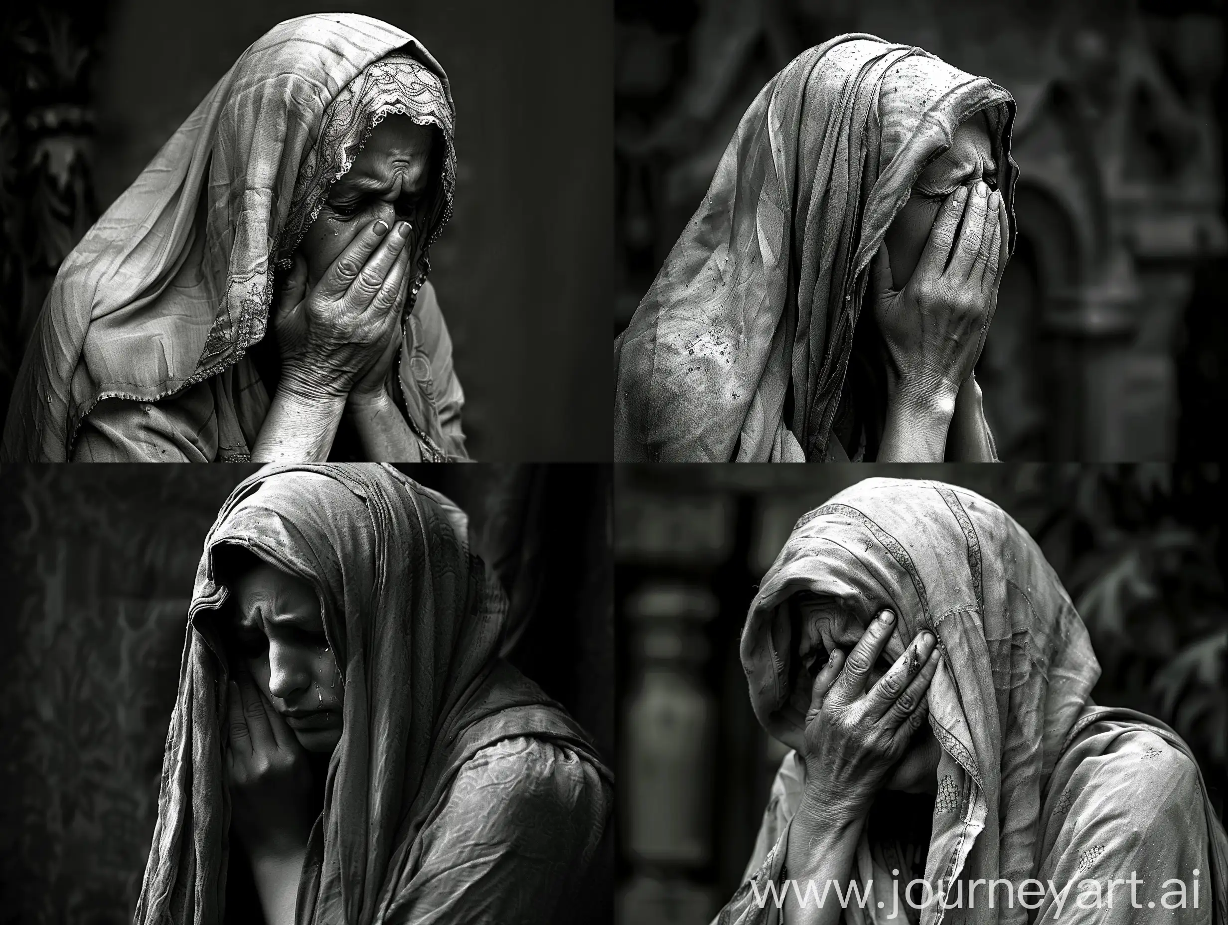 Woman-Mourning-in-Headscarf-Expressive-Black-and-White-Portrait