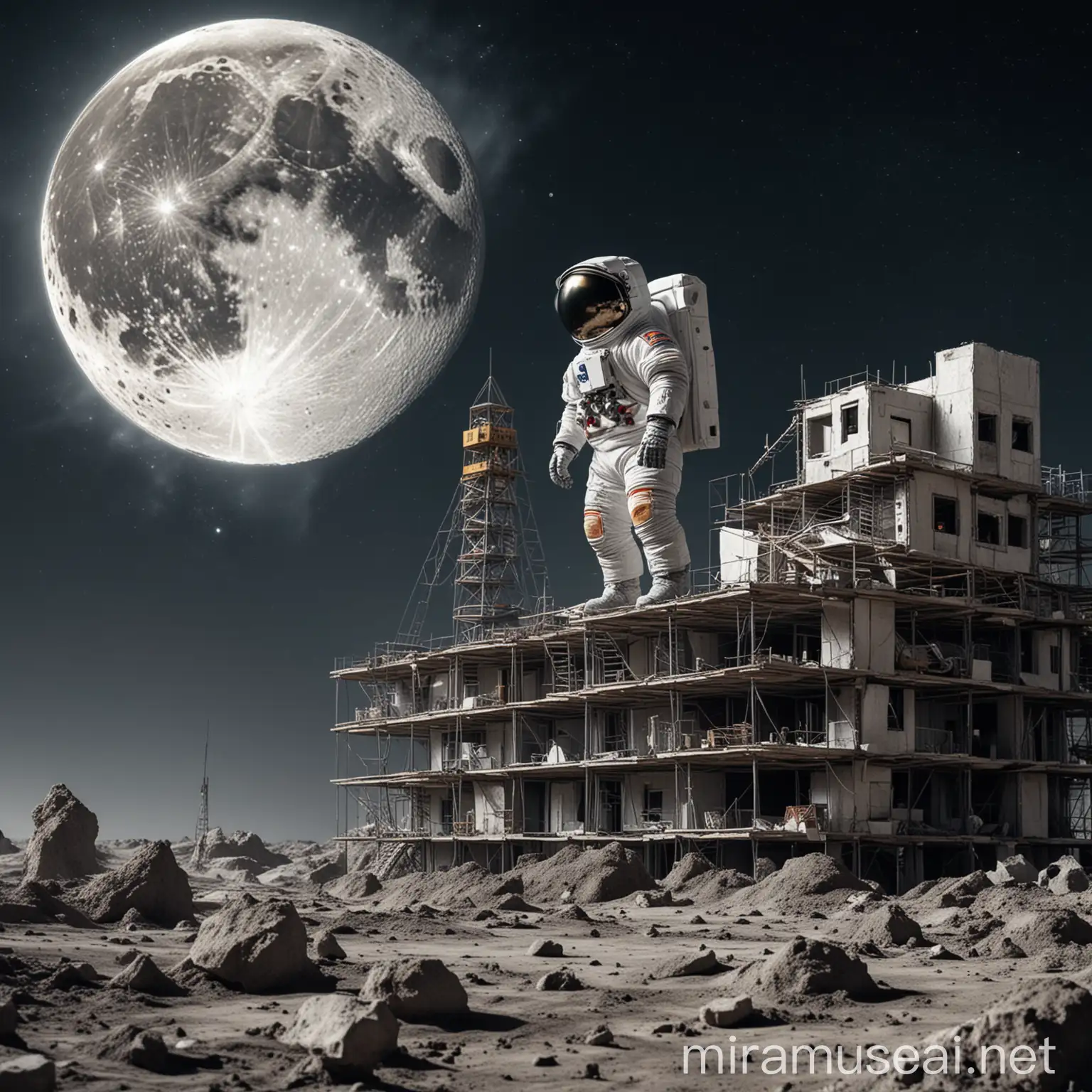 an astronaut in a construction helmet stands on the moon and builds a multi-storey house