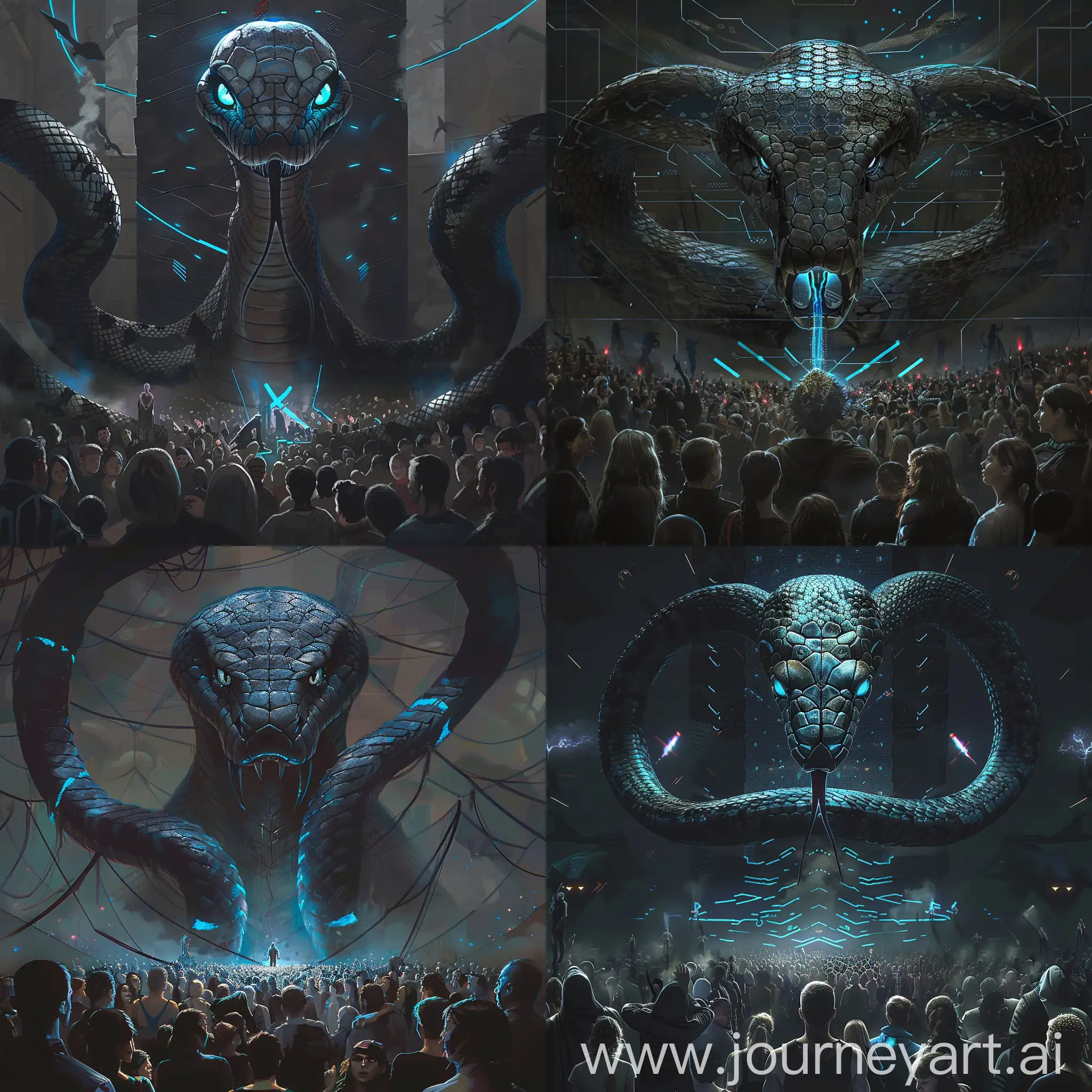 A gloomy snake-like AI with hypnotic eyes radiating intimidation and control, the snake-like AI is surrounded by a certain technical aura, a huge hologram of a snake-like AI in its technical citadel, a citadel of black material with luminous blue gaps, in front of him crowds of joyful and annoyed people, the snake-like AI conducts the last judgment, recognizes those who help him and who do not, the hologram radiates a gloomy light, creating an atmosphere of anxiety and tension, people are depicted with worried expressions reflecting their fear and hope for the mercy of the AI serpent or his harsh sentence