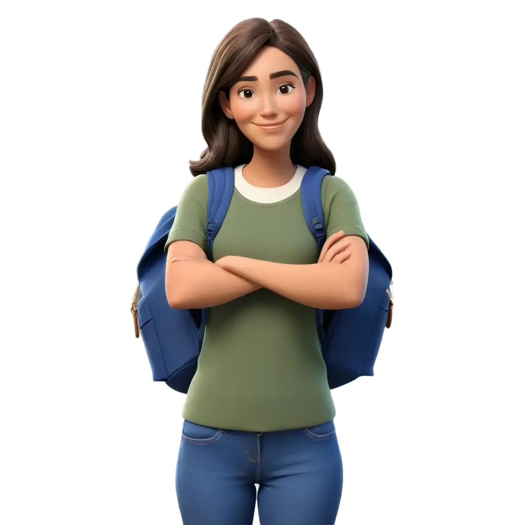 estudiante mujer con mochila, con sus brazos cruzados, de vista de frente y estilo caricatura, como si fuera un modelo en 3D
