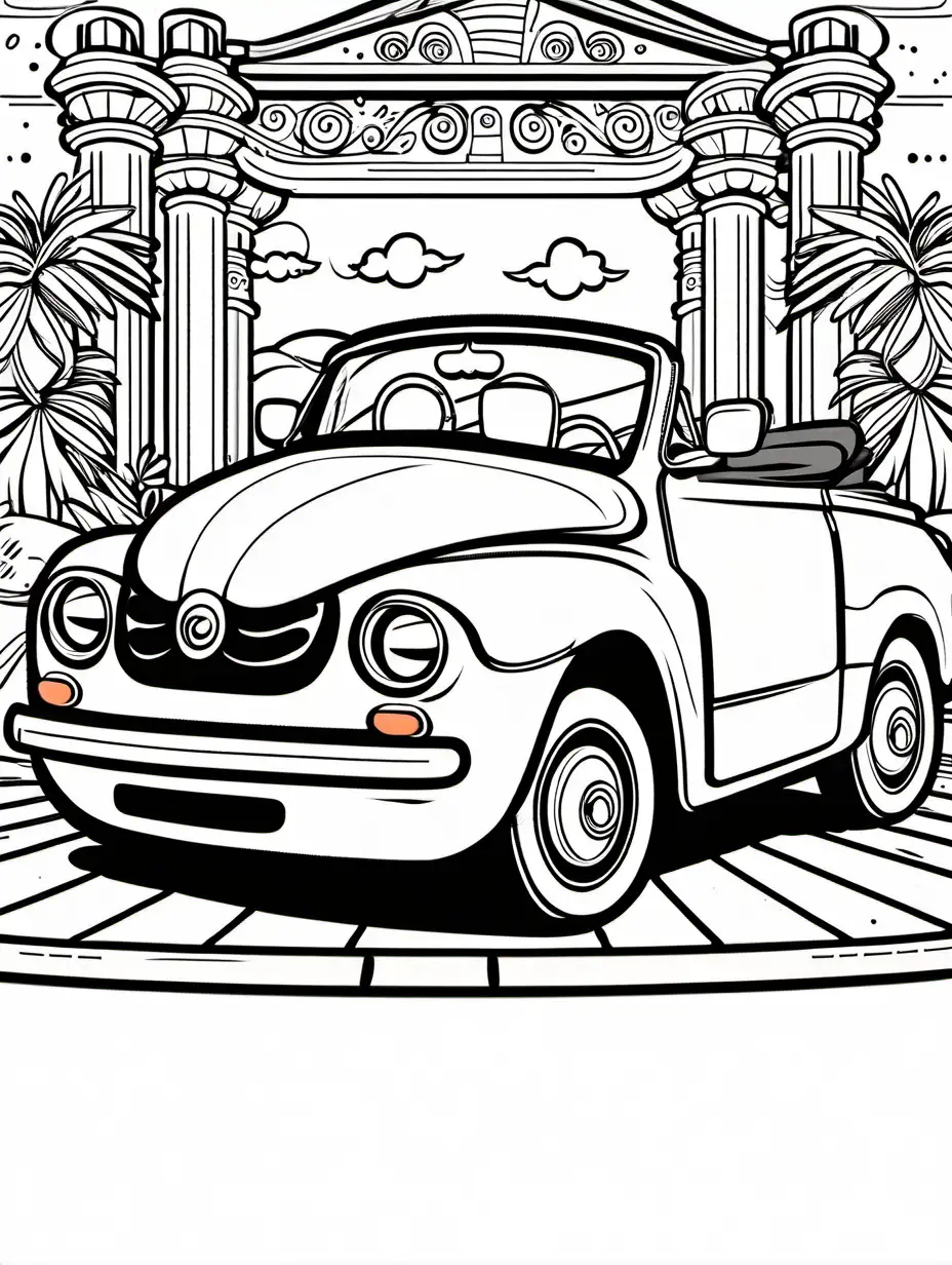 panda giving pose near an open convertible car, Coloring Page, black and white, line art, white background, Simplicity, Ample White Space. The background of the coloring page is plain white to make it easy for young children to color within the lines. The outlines of all the subjects are easy to distinguish, making it simple for kids to color without too much difficulty
