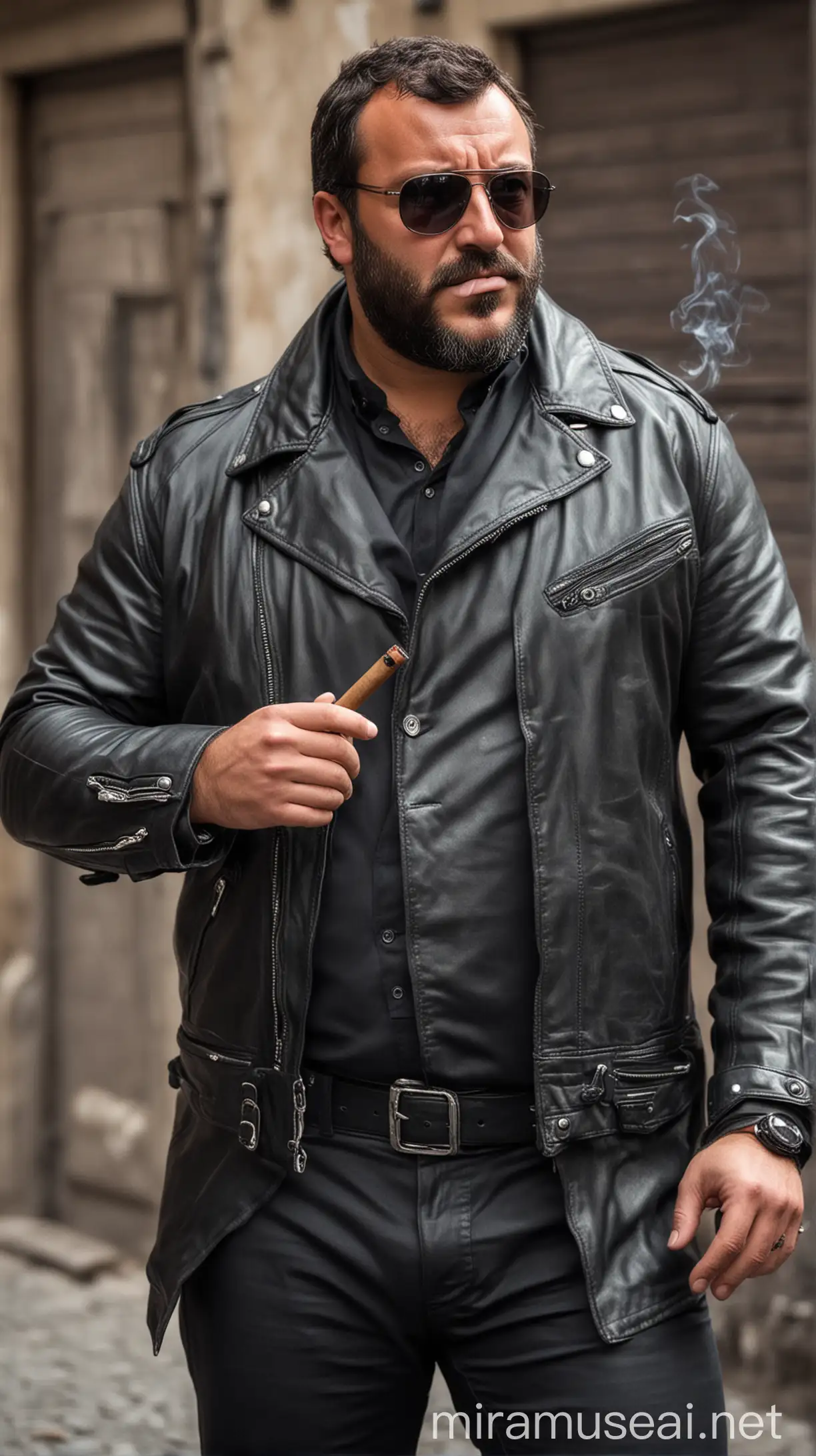 Muscular Matteo Salvini Smoking Cigar in Biker Style Leather Outfit