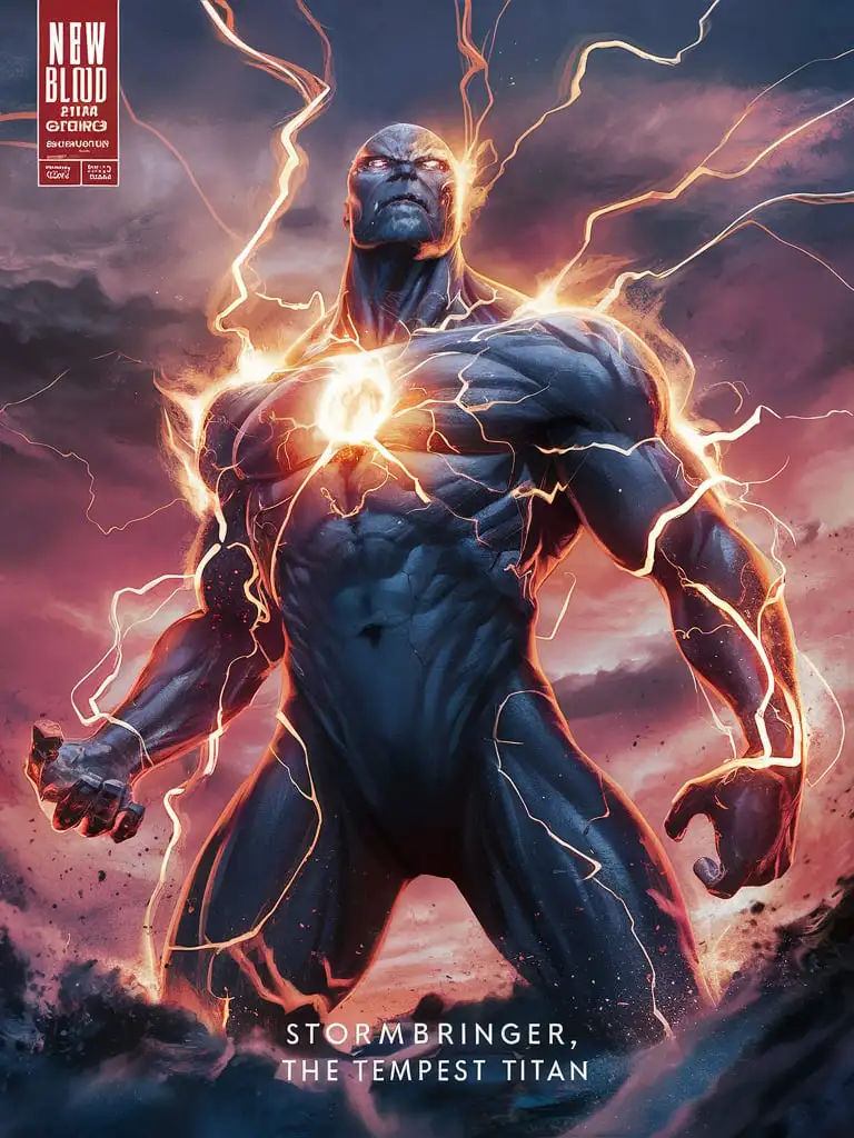  Design an 8K #1 comic book cover for "New Blood Collectables" featuring "Stormbringer, the Tempest Titan." Use FSC-certified uncoated matte paper, 80 lb (120 gsm), with a slightly textured surface. Stormbringer looms over the land, its huge form sparking with electricity, as it gazes out upon a stormy landscape...