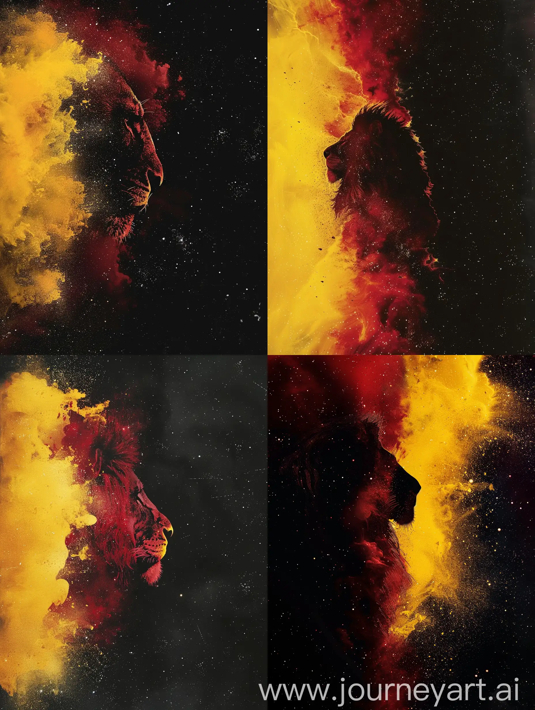 Yellow Red space image, one side yellow and one side red, space dust clouds and stars, realistic Nasa space photo, Lion silhouette in the distance, lion silhouette view from space dust Yellow Red Orange Burgundy colors, black space background
