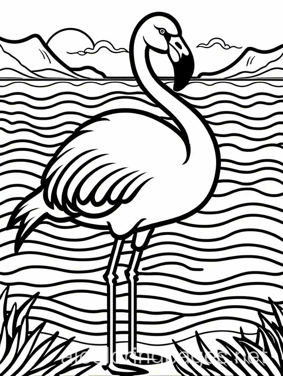 friendly, simplified flamingo, standing in front of the sea, Coloring Page, black and white, line art, white background, Simplicity, Ample White Space. The background of the coloring page is plain white to make it easy for young children to color within the lines. The outlines of all the subjects are easy to distinguish, making it simple for kids to color without too much difficulty