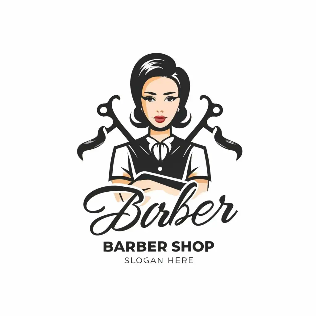 a logo design,with the text "Barber", main symbol:Female barber in scissors, moustache, modern,Minimalistic,clear background