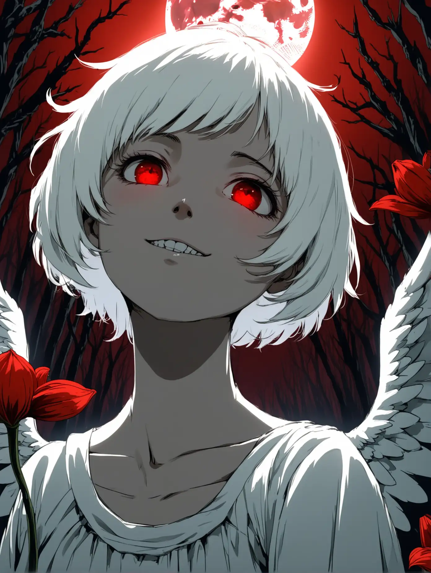 Angelic-Woman-with-White-Hair-and-Red-Eyes-Amongst-Red-Lilies-in-Night-Forest