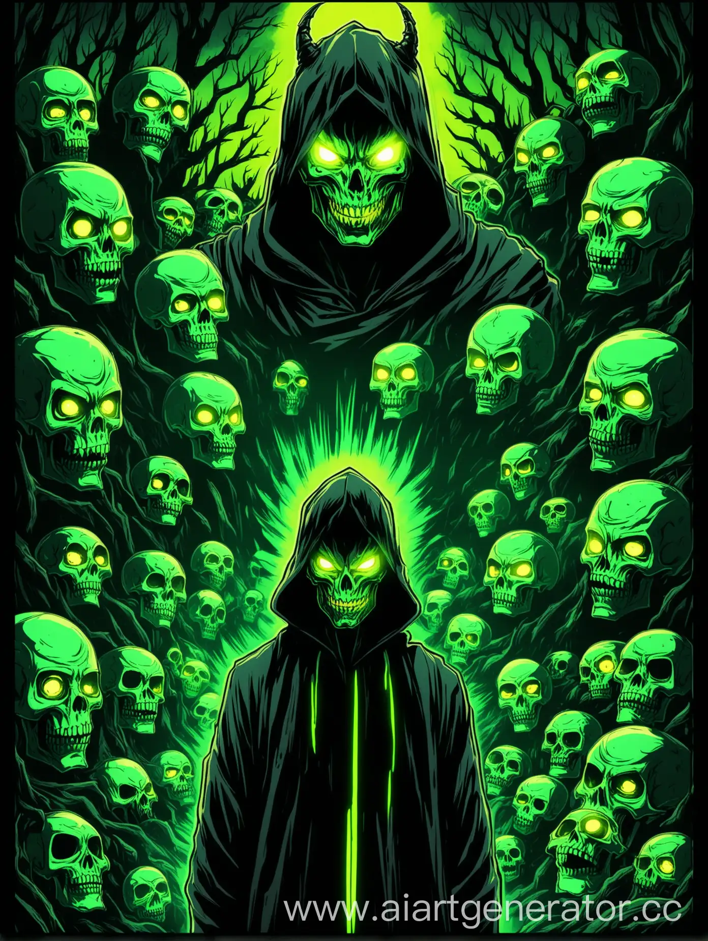 man, green short hair, yellow glowing eyes, black torn hooded robe, evil, hood on his head, green glowing demon mask on his face, black forest background with skulls, green light, comic style, ultradetalization, aesthetics