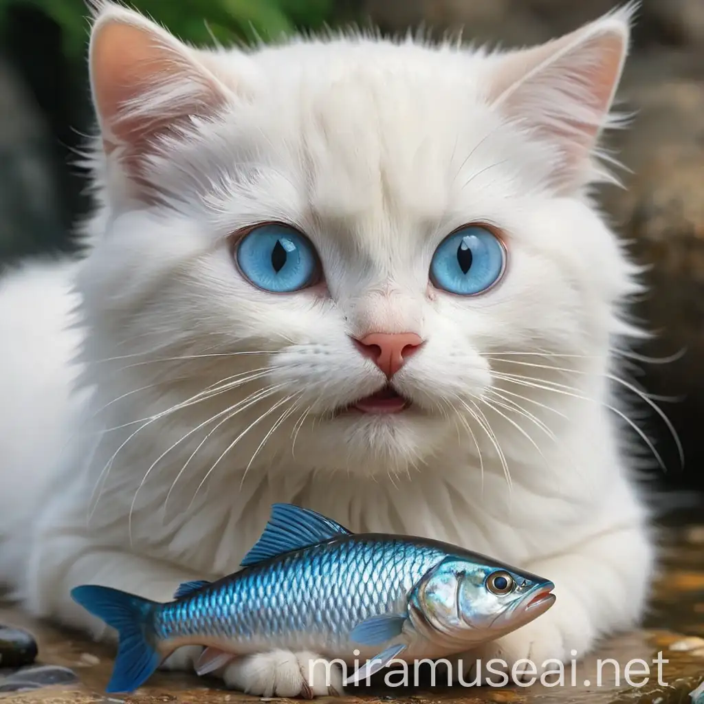 A cute cat with blue eyes eat a fish
