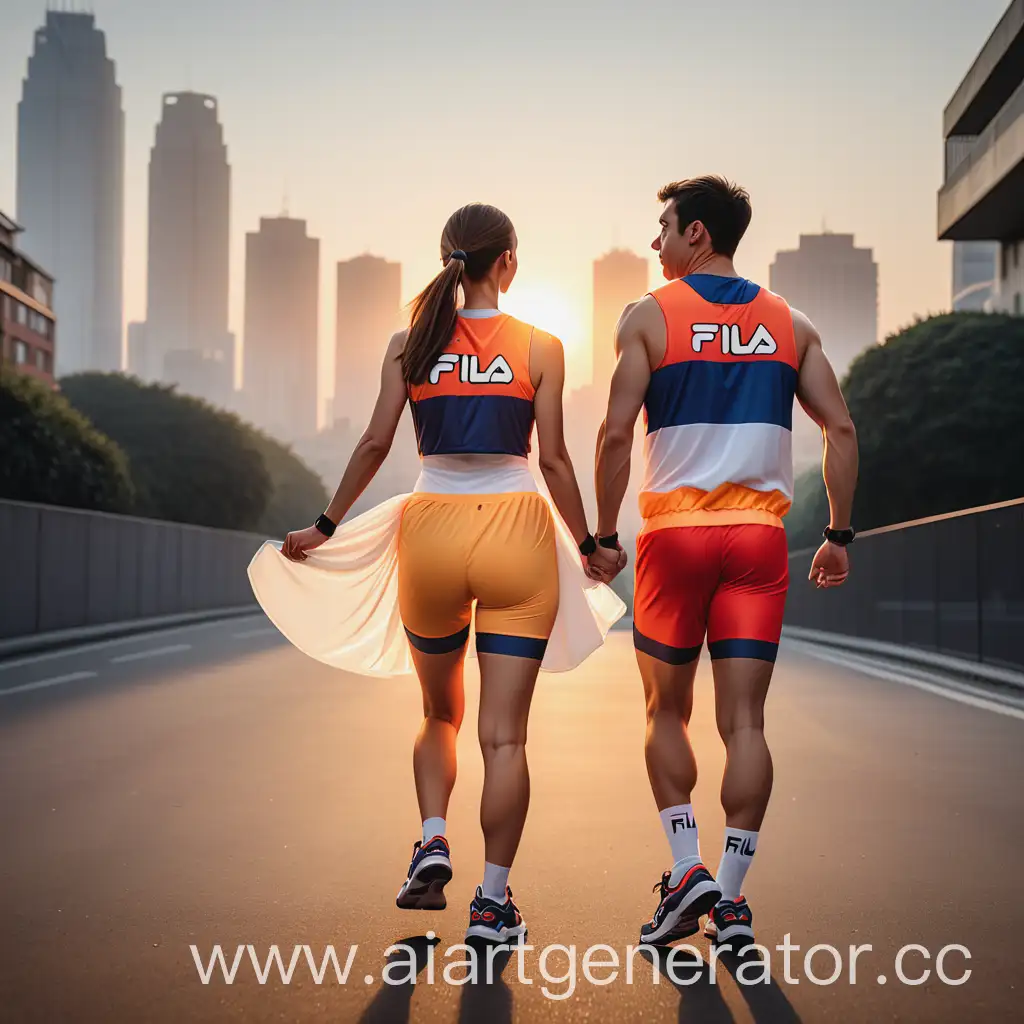 Couple-in-Fila-Costumes-Running-at-Sunrise-in-Cityscape