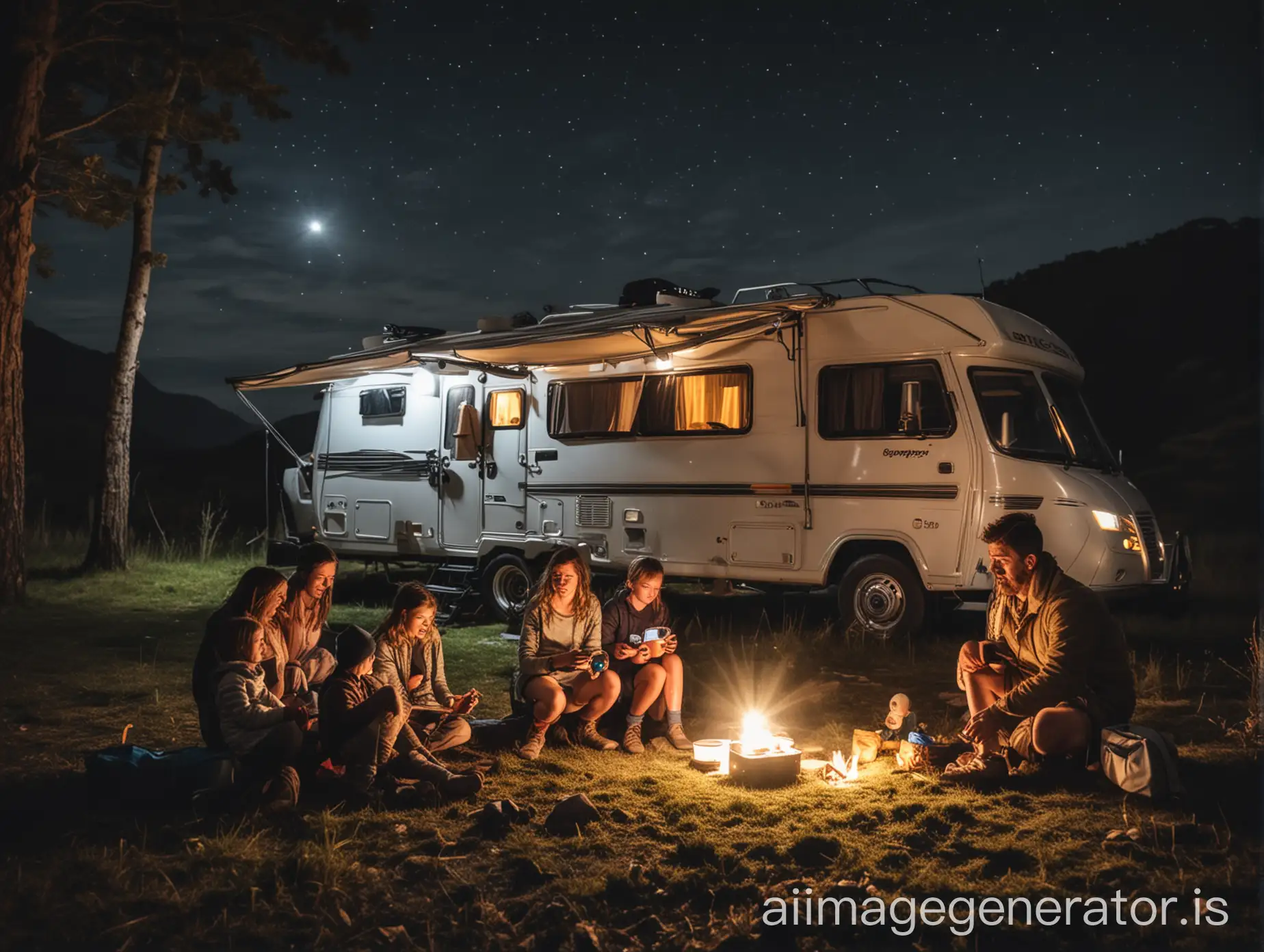 husband with wife and children in the wild camping, with RV, through using battery power lighting night