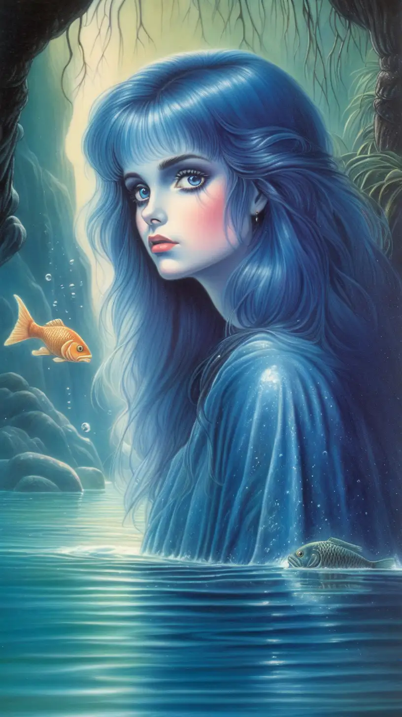 Enchanting Dark Fantasy Art Shimmering BlueHaired Woman in Underwater Realm