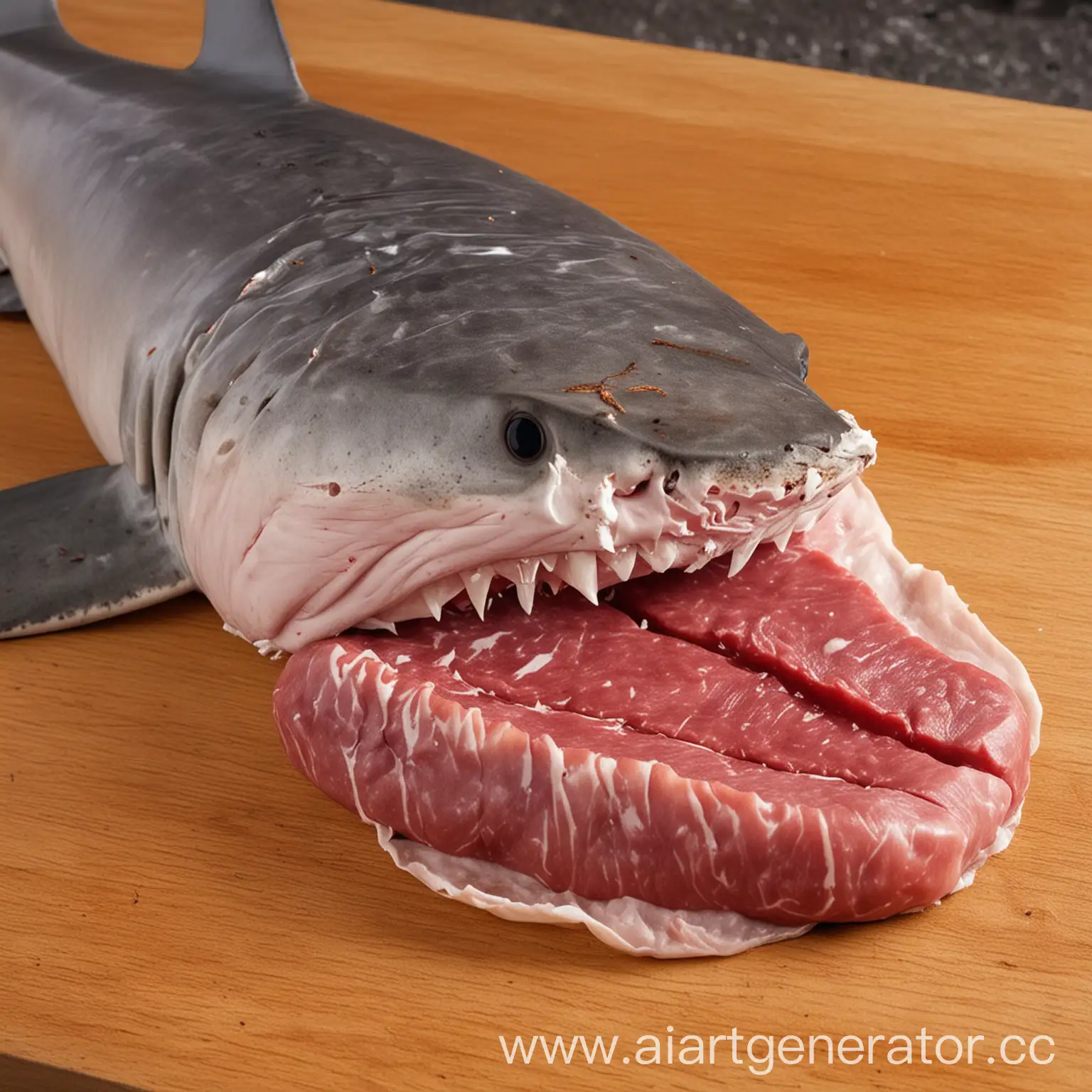 акула с шарпаватой кожей делает нарезку колбасы