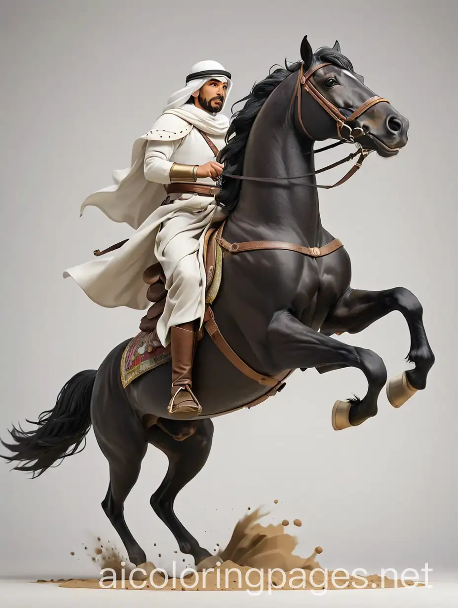 Create a 3D image of the iPhone 15 Pro Max standing at a wide angle and an Arab knight riding a black horse emerges from it as if he breaks the screen and emerges from it.
, Coloring Page, black and white, line art, white background, Simplicity, Ample White Space. The background of the coloring page is plain white to make it easy for young children to color within the lines. The outlines of all the subjects are easy to distinguish, making it simple for kids to color without too much difficulty