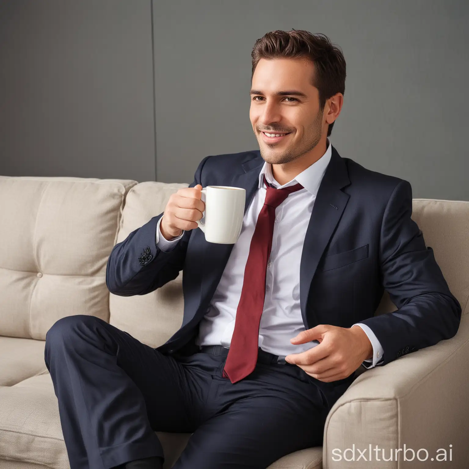 executive man drinking coffee in sofa