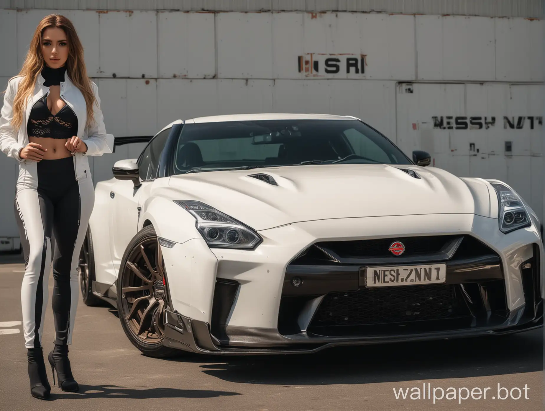 super model standing next to a nissan gtr with a widebody kit and the numberplate on the car that says"NESH-ZN"