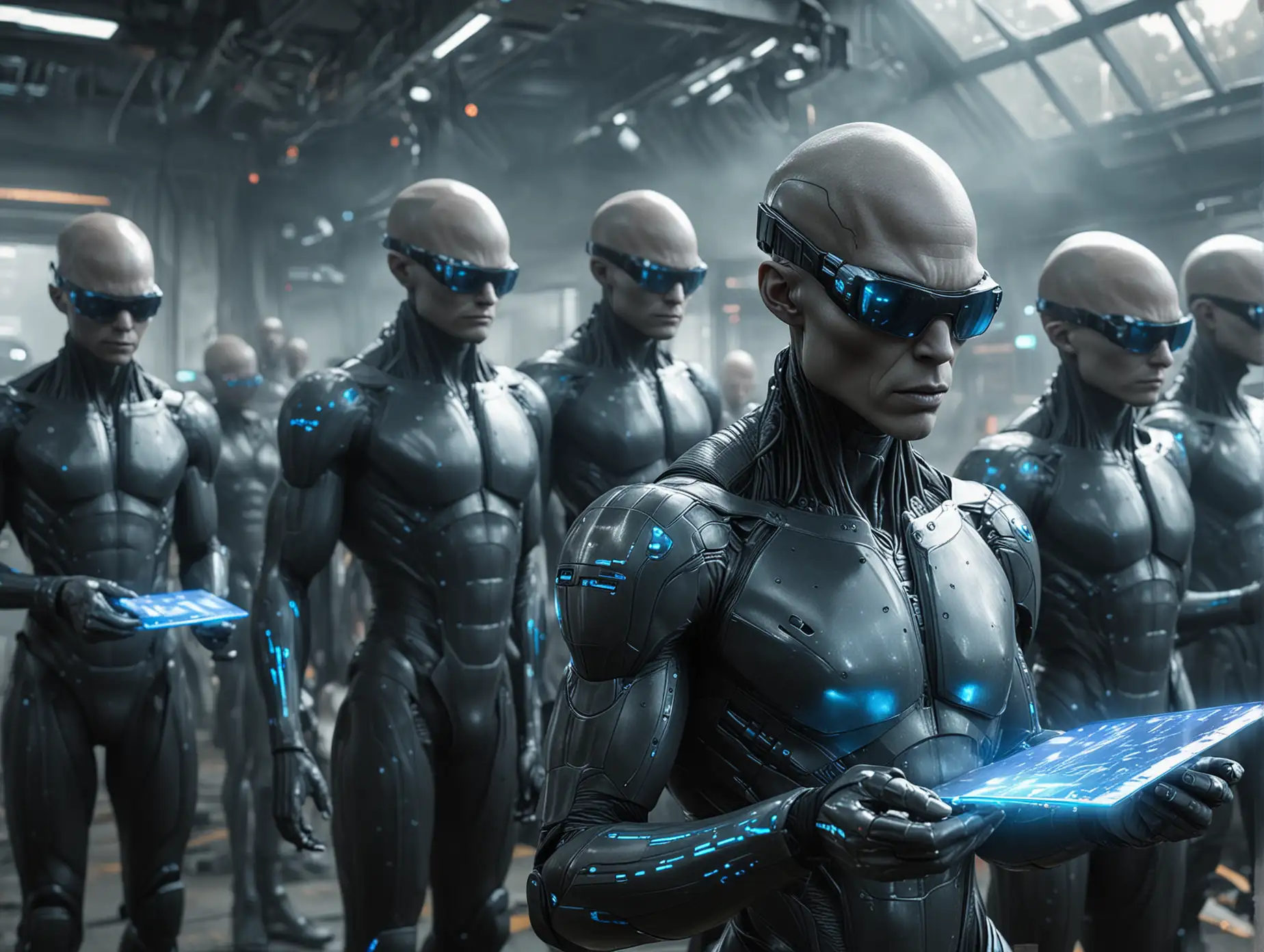 a very huge group of bald grey skin human-aliens with electronic blue holo maps in their hands with tech glasses and binoculars on their head. They looking onto their devices (mainly their electronic holo maps). They are using their electronic holo maps. very Big futuristic walking walkers next to he(holo-maps on their windows). With sci-fi dark-black rocky smoky battlefield background.