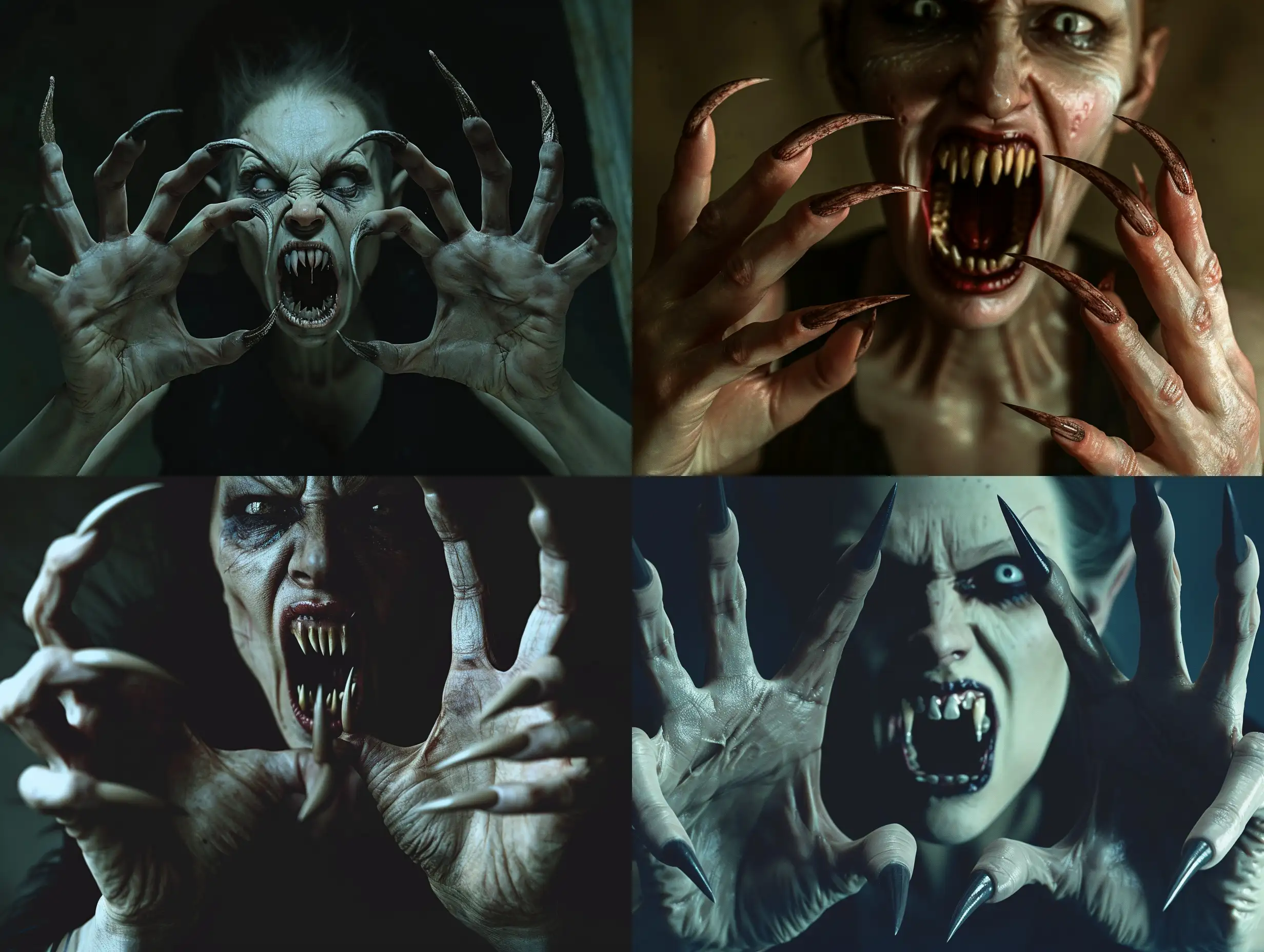 A photorealistic scene of a wild ugly monstruos vampire woman with extra long pointed fingernails, on each hands with five fingers, her mouth is threateningly open, and terrible teeth look like fangs, the vampire looks like she climbed out of the grave, her nails resemble the claws of a predators.scene inside darkness room,hyper-realism, cinematic, high detail, photo detailing, high quality, photorealistic, aggressive, dark atmosphere, realistic, the smallest details, detailed nails, horror, atmospheric lighting, full anatomical, photorealism, detailed, textured, dark, haunting, night-time scene, intense, creepy, undead, spooky, eerie, atmospheric lighting, nightmare, grotesque, terrifying, realistic anatomy, human hands, very clear without flaws with five fingers.