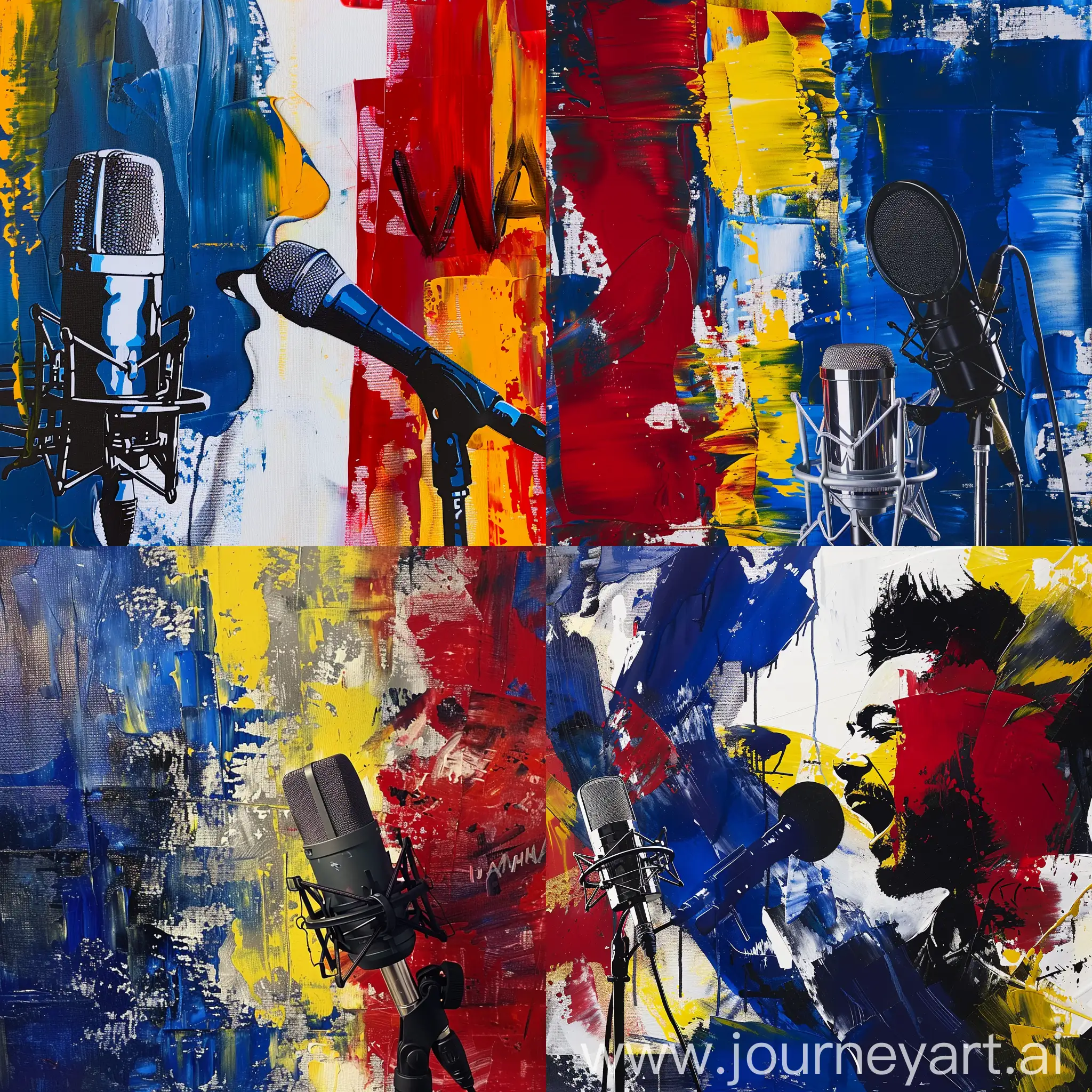A modern painting with ultramarine, red and yellow. We see a close up from a male singer singing into a Neumann u87 microfoon 