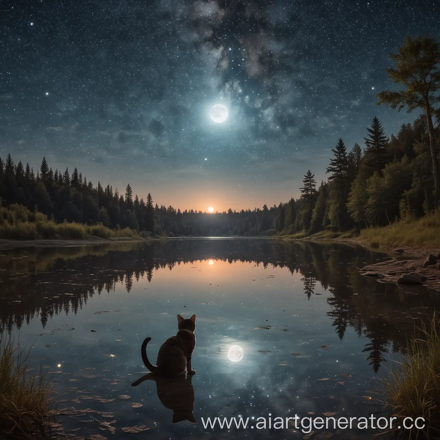 Serene-Night-Cat-by-Moonlit-Lake-under-Starry-Sky