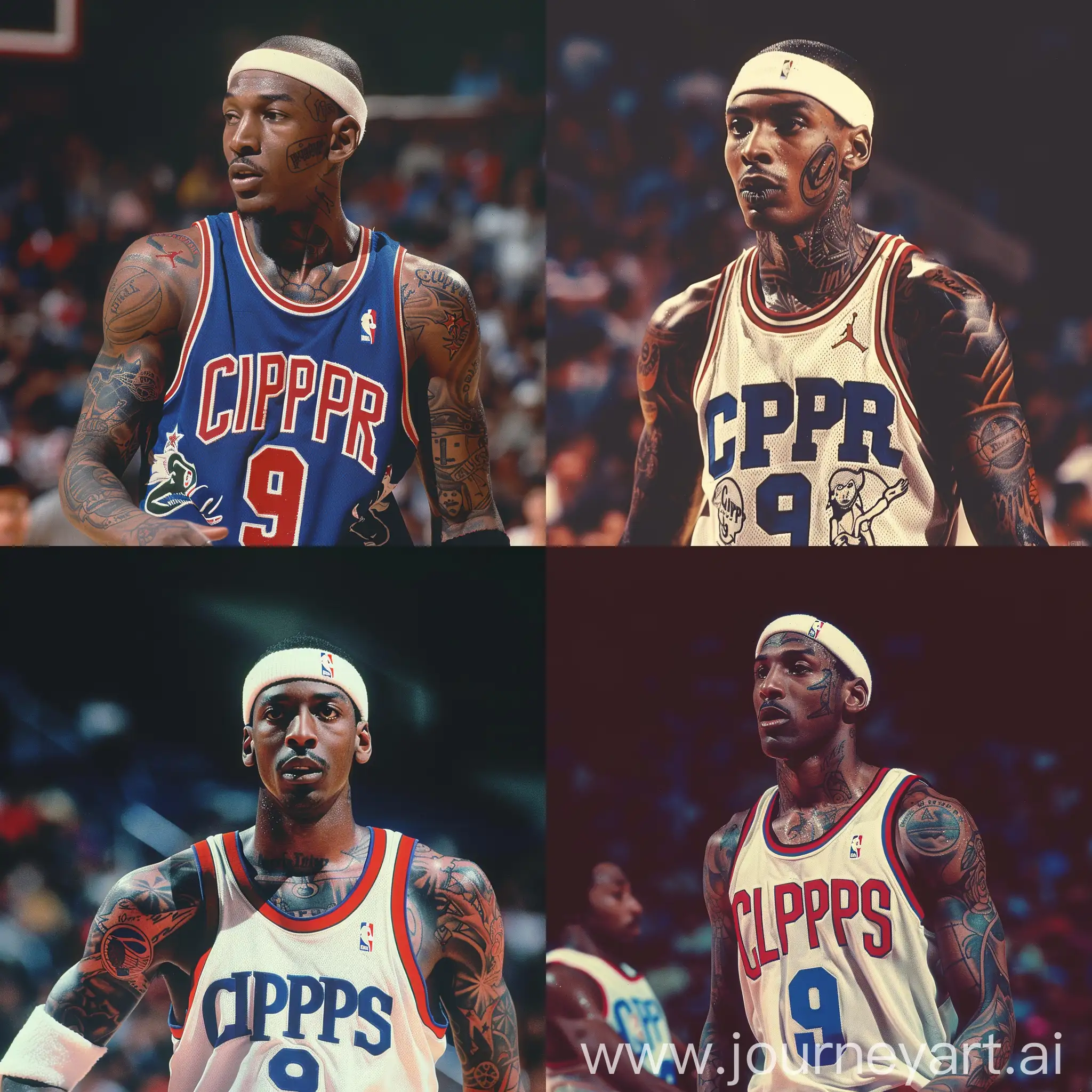 A 1980s photograph of a young Michael jordan,with tattoos,in a basketball game,wearing a “Clippers” jersey with the number “9”,with a white headband.