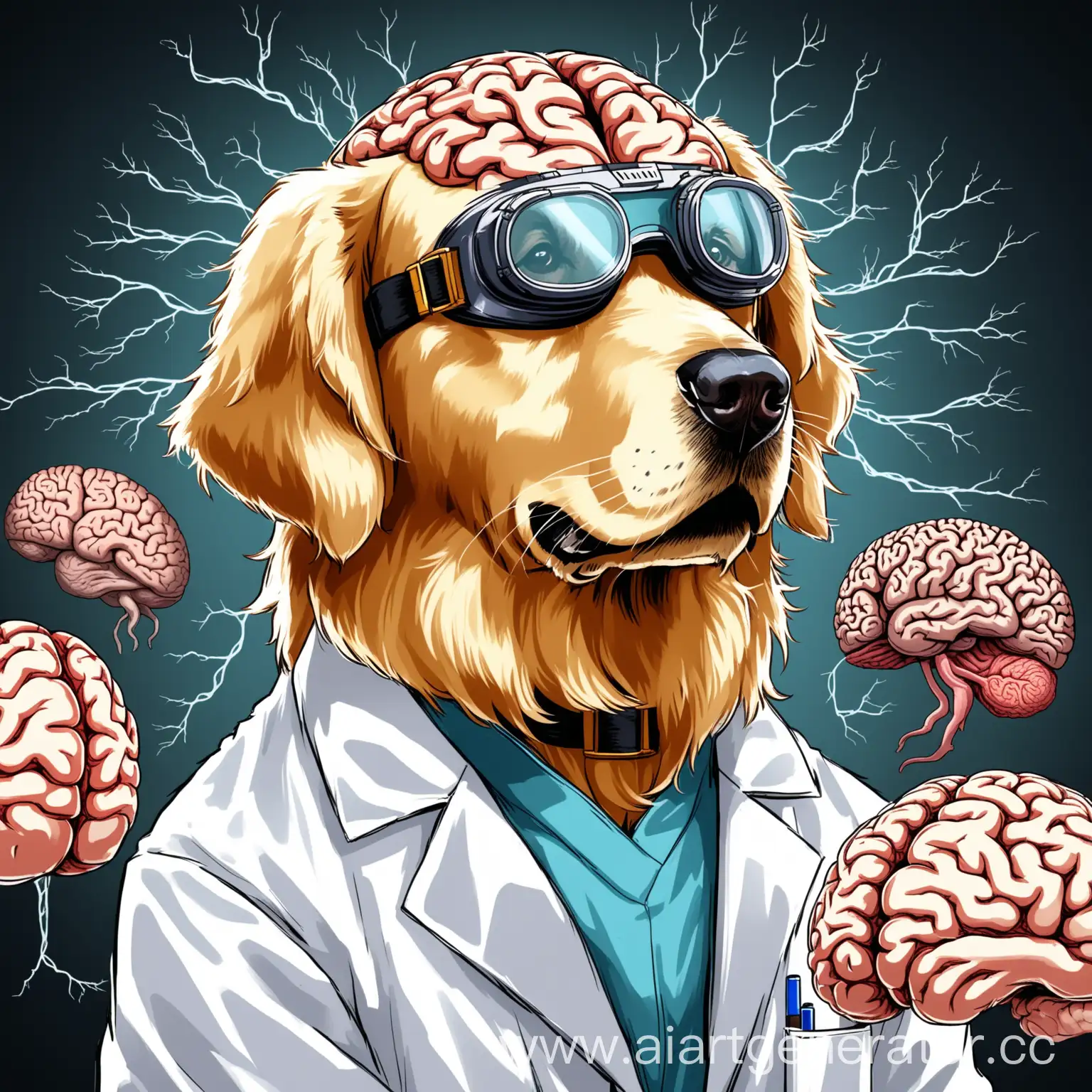A golden retriever wearing a lab coat and protect goggles , it has very big brain with viens,  