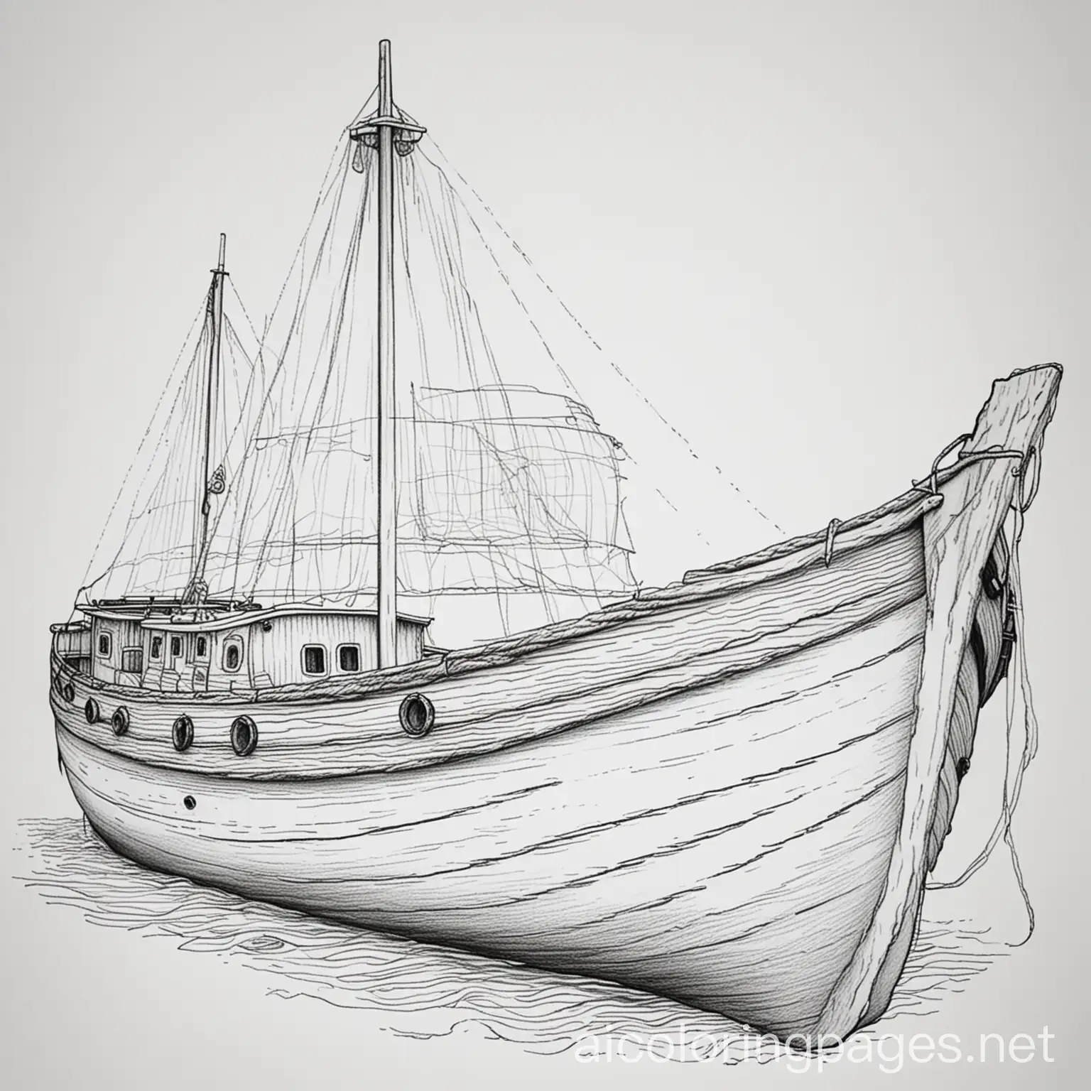 Large wood boat, Coloring Page, black and white, line art, white background, Simplicity, Ample White Space. The background of the coloring page is plain white to make it easy for young children to color within the lines. The outlines of all the subjects are easy to distinguish, making it simple for kids to color without too much difficulty