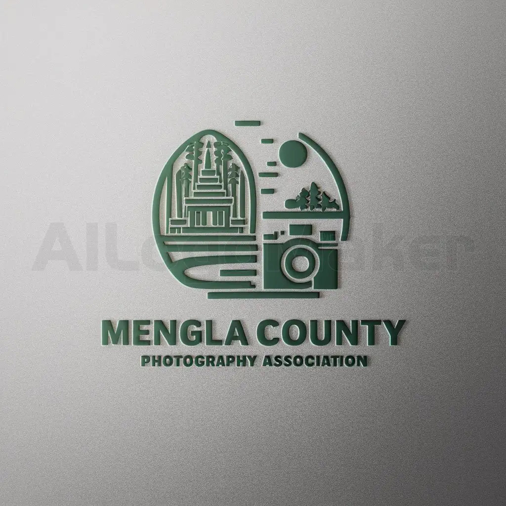 a logo design,with the text "Mengla County Photography Association", main symbol:rainforest Buddhist temple river camera,Moderate,be used in Others industry,clear background