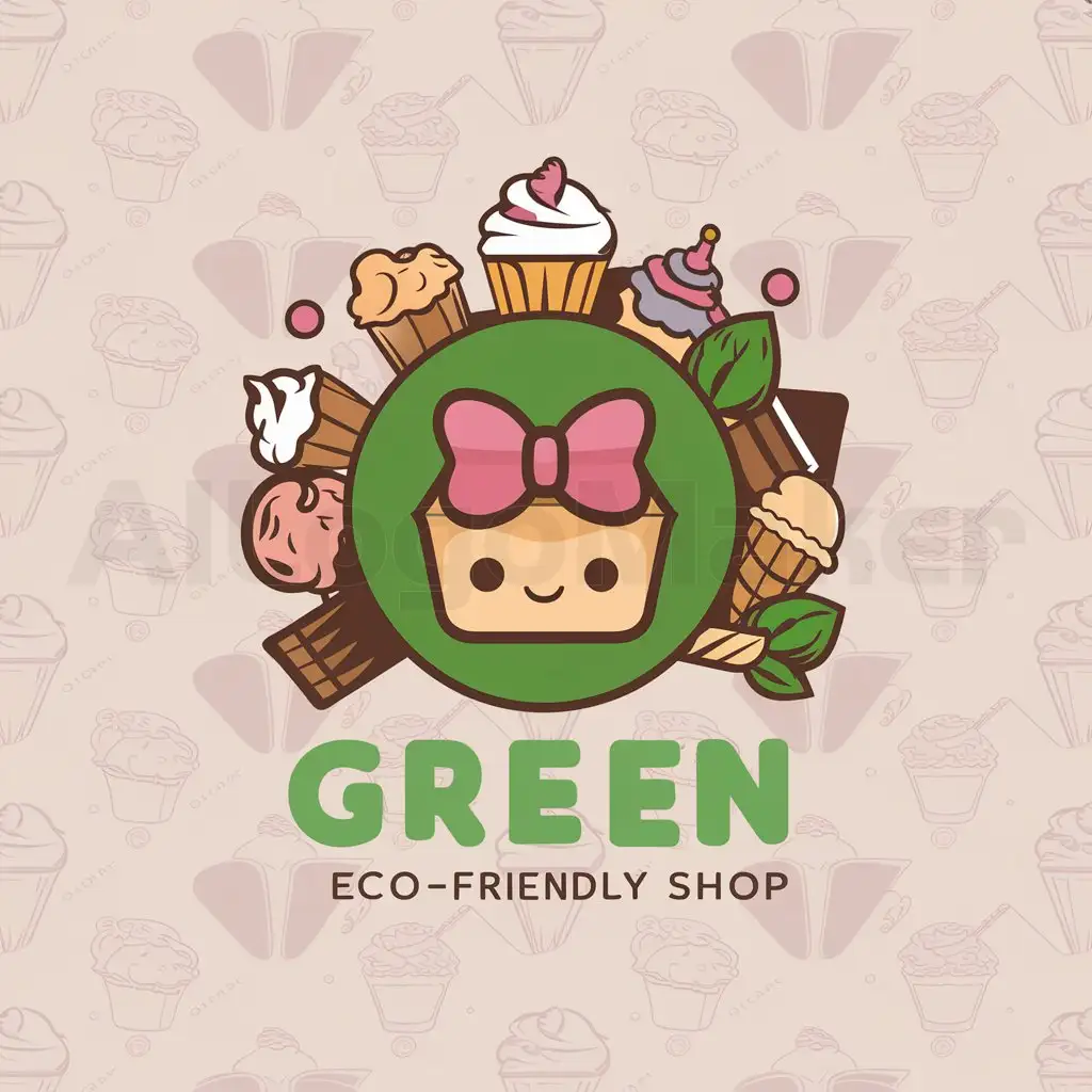 a logo design,with the text "green eco-friendly dessert shop", main symbol:pink, cute ,dessert,complex,be used in desserts industry,clear background