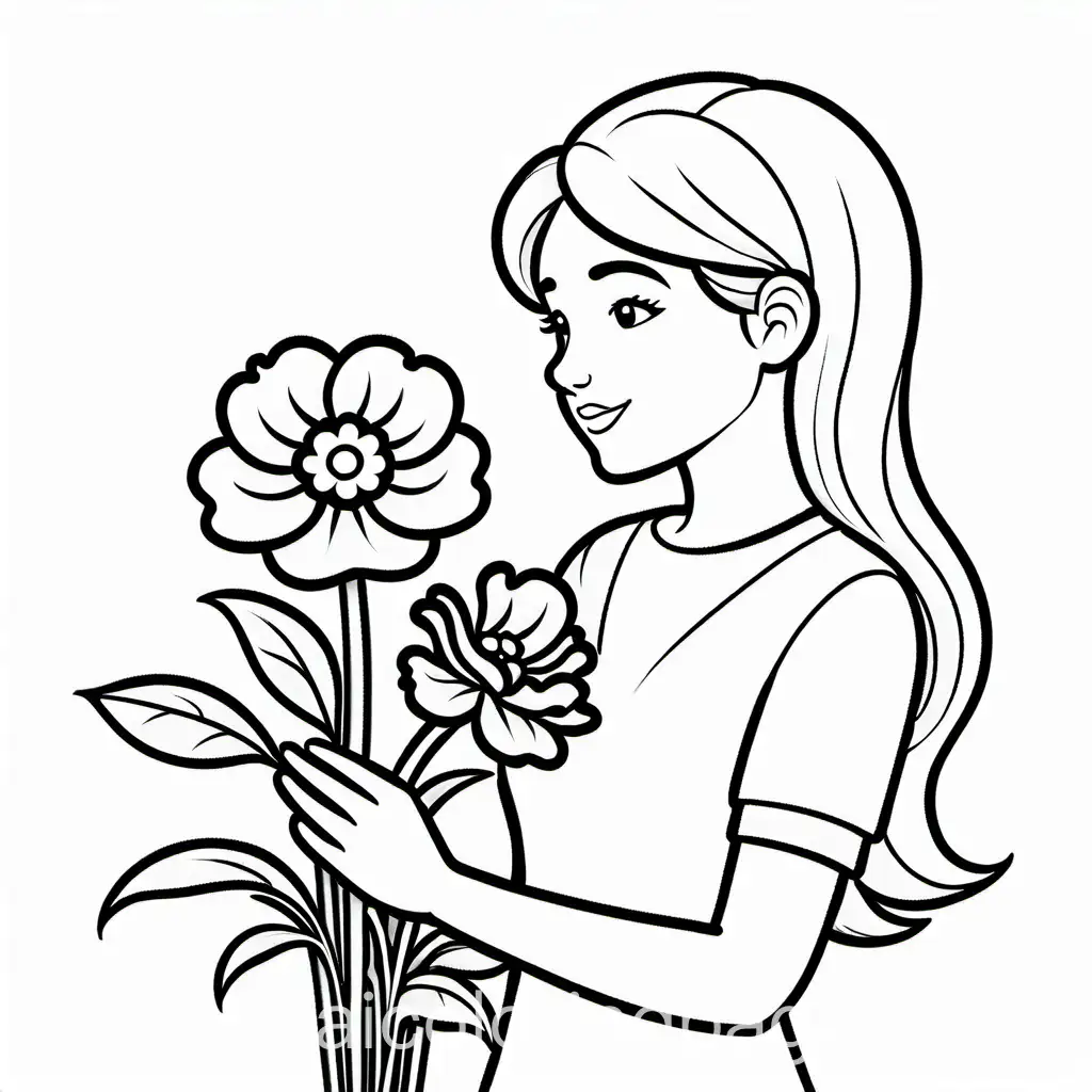 Kid give mother flower, Coloring Page, black and white, line art, white background, Simplicity, Ample White Space. The background of the coloring page is plain white to make it easy for young children to color within the lines. The outlines of all the subjects are easy to distinguish, making it simple for kids to color without too much difficulty