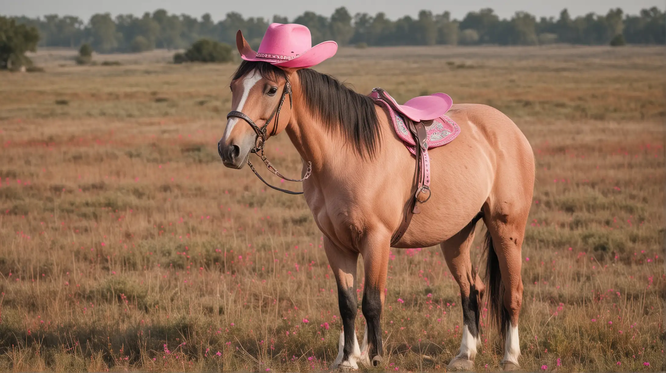 one full body picture of one horse Wearing Pink Cowboy Hat in the open field 