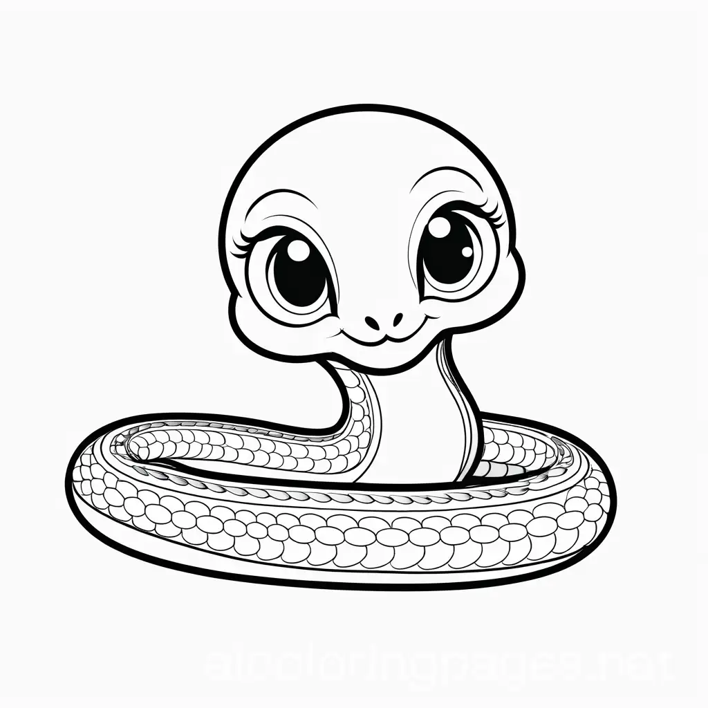 Baby snake with big round eyes, Coloring Page, black and white, line art, white background, Simplicity, Ample White Space.