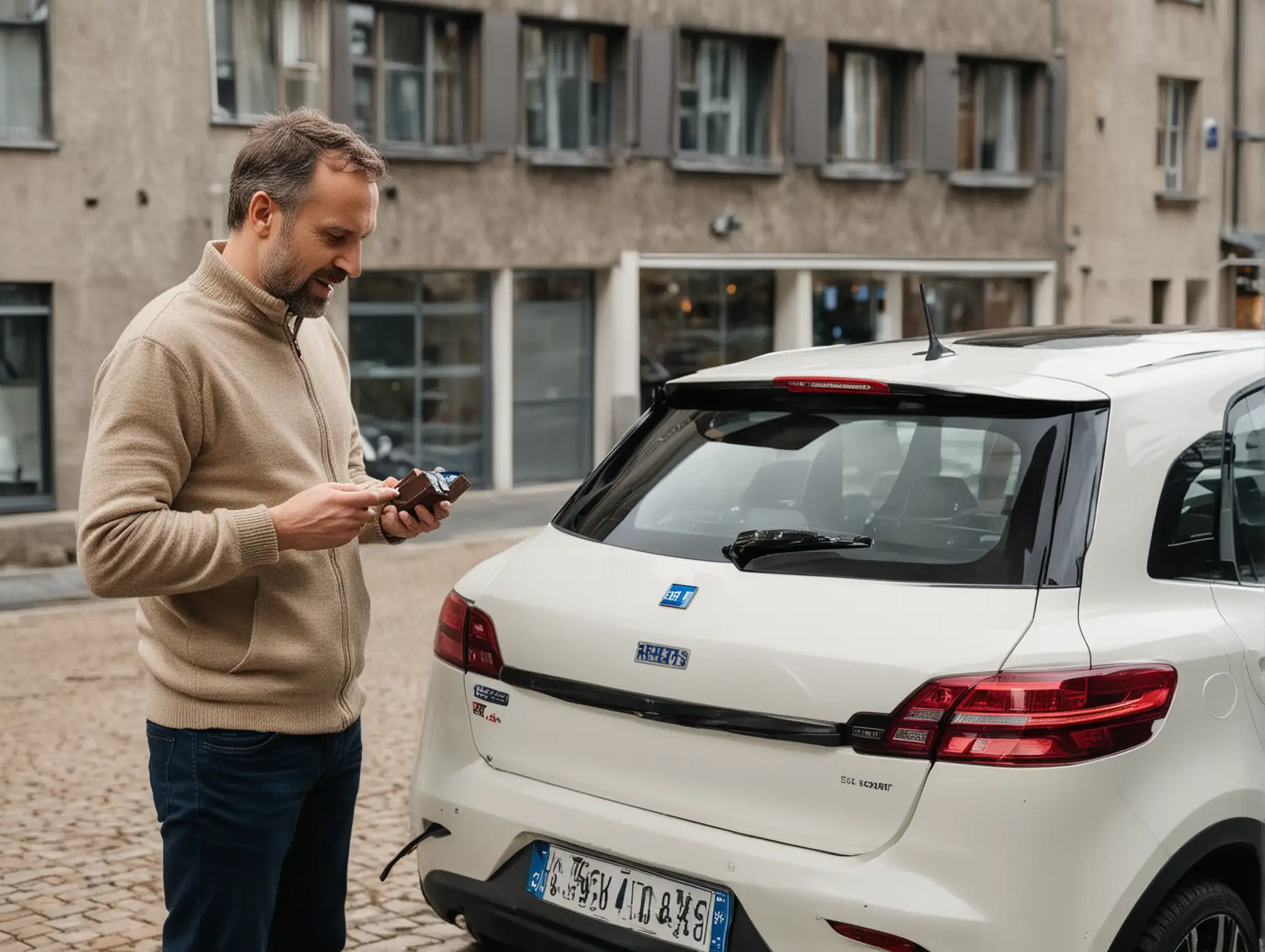 A 45 year old man standing in front of an electric car while it's charging. He is eating a square piece of Ritter Sport chocolate.