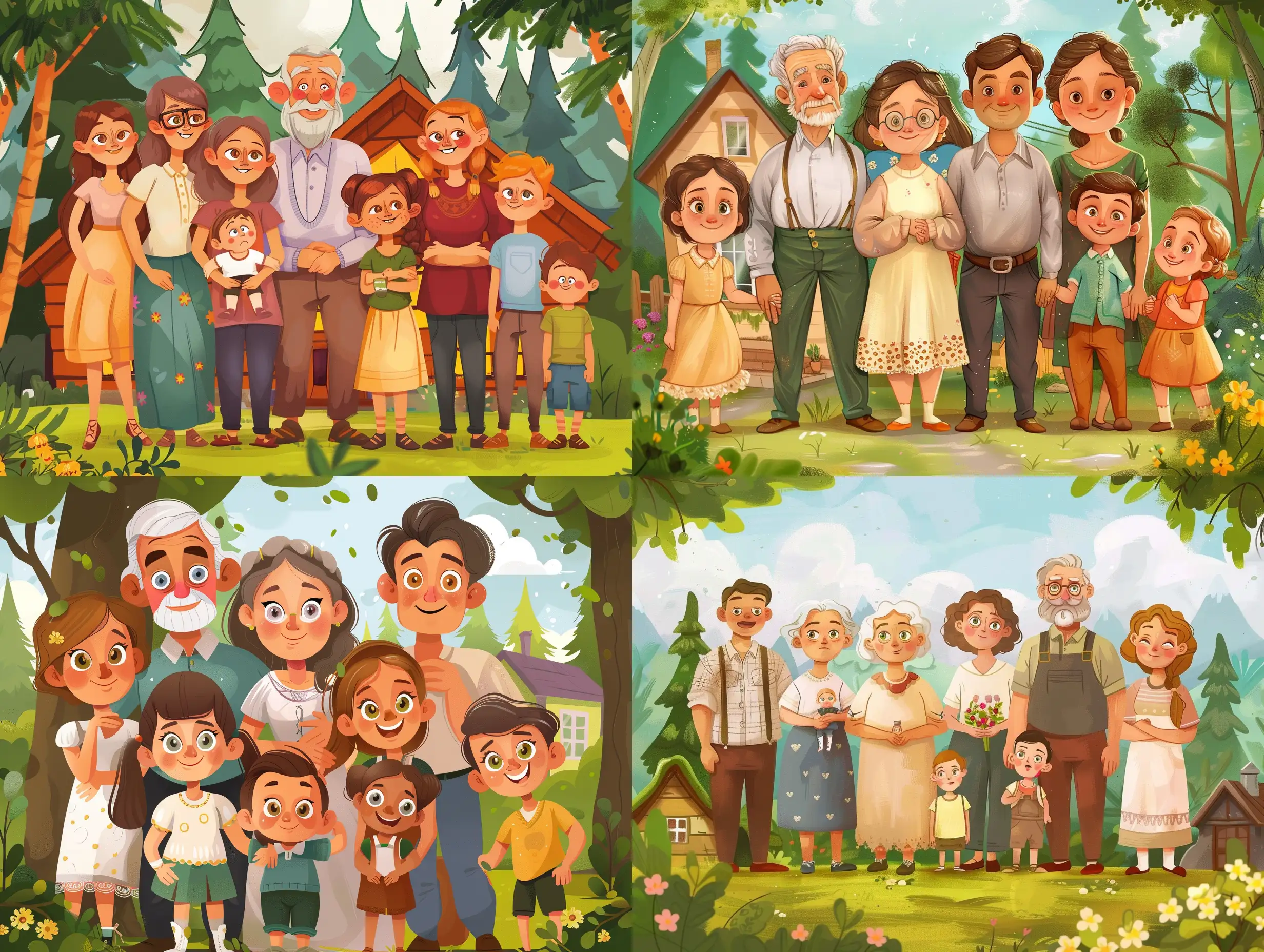 Illustration like a Disney fairytale a happy family: great-grandmother, grandmother, grandfather, mother, father, father’s young sister, little son, and 6-years daughter, they live in a beautiful house near the forest. They are happy Russian family. 