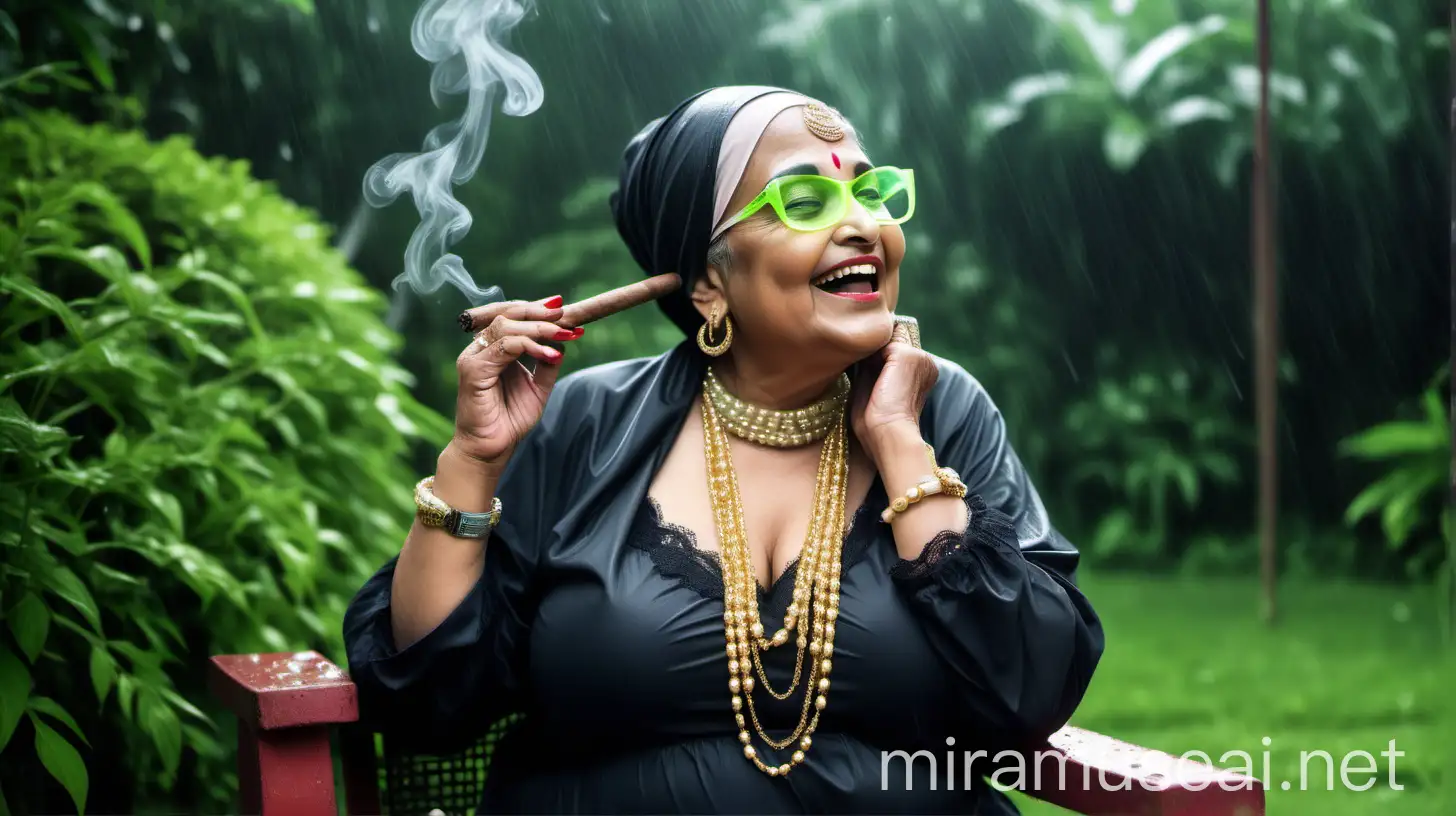 a indian  mature  fat woman having big stomach age 57 years old attractive looks with make up on face ,binding her high volume  bleached hairs, open  gajra bun Hairstyle. wearing metal anklet on feet and high heels, she is smoking a cigar in her hand  , smoke is coming out from cigar  . she is happy and laughing . she is wearing pearl neck lace in her neck , earrings in ears, a gold spectacles with chain holder on her eyes and   wearing  a hijab and a  
neon green Control Briefs on her body. she is sitting on a  rocking chair,. , in a luxurious garden and enjoying the rain  ,  three black cats are siting near her  and its night time . its raining very heavy . show images from back side.
