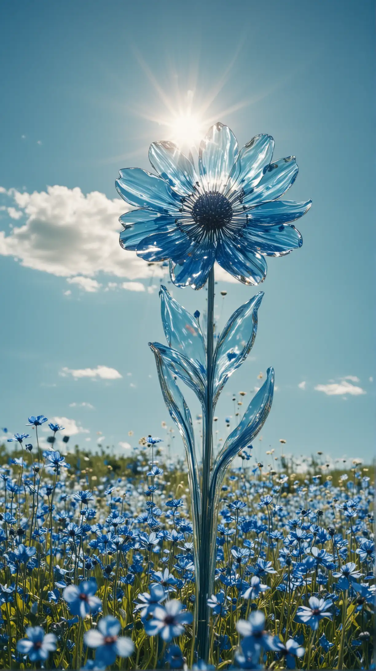 abstract scupture made out of glass, its very shiny and reflective in the sun, it is standing in a huge field of blue flowers, blue sky, photography taken with an old camera lika Hasselblad 500c, picture taken with filmroll Portra 400, with some grain, ultra realistic photography