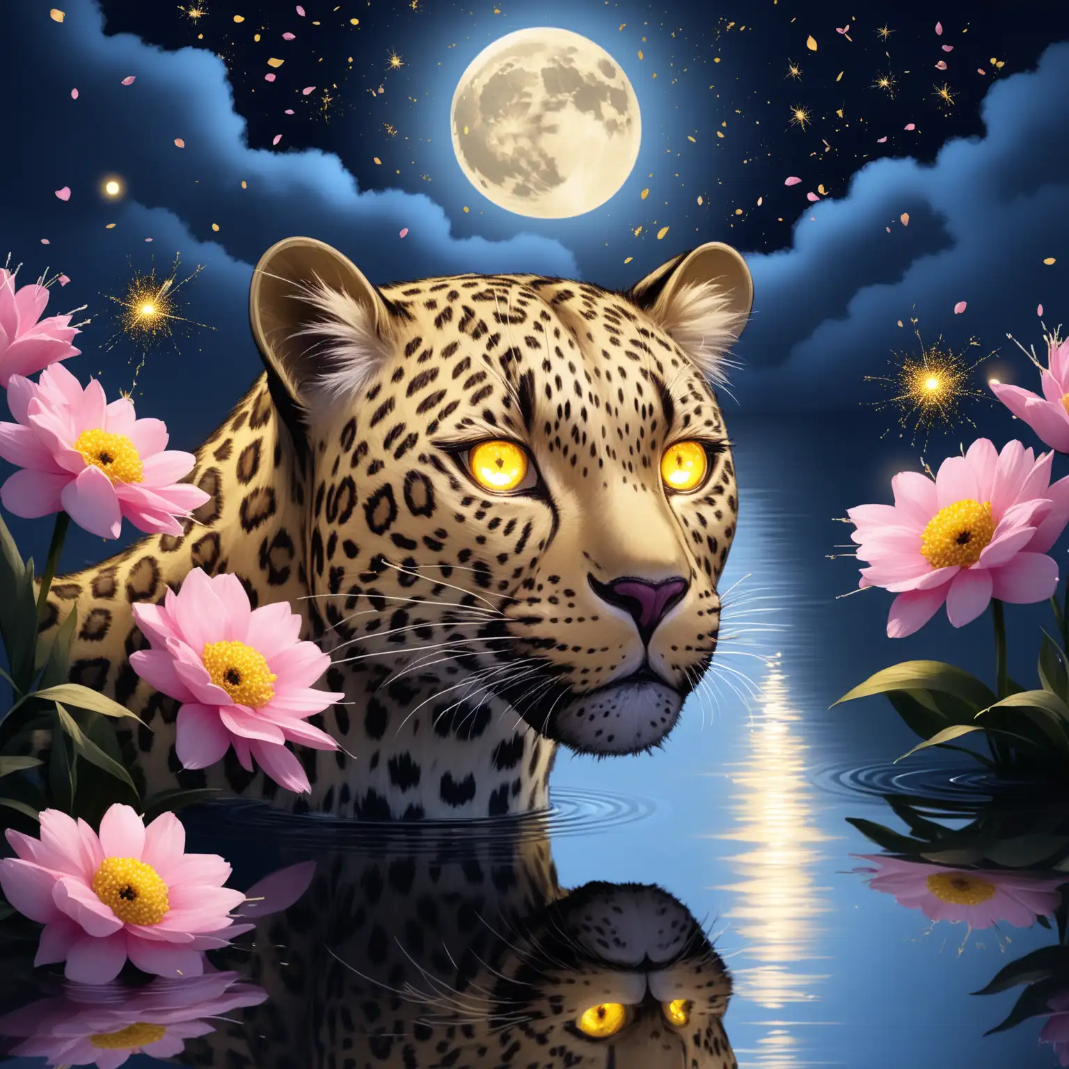 Beautiful leopard, deep yellow led eyes, reflection in water, navy blue and pink flowers, full moon, dark blue fog, gold sparks, close up