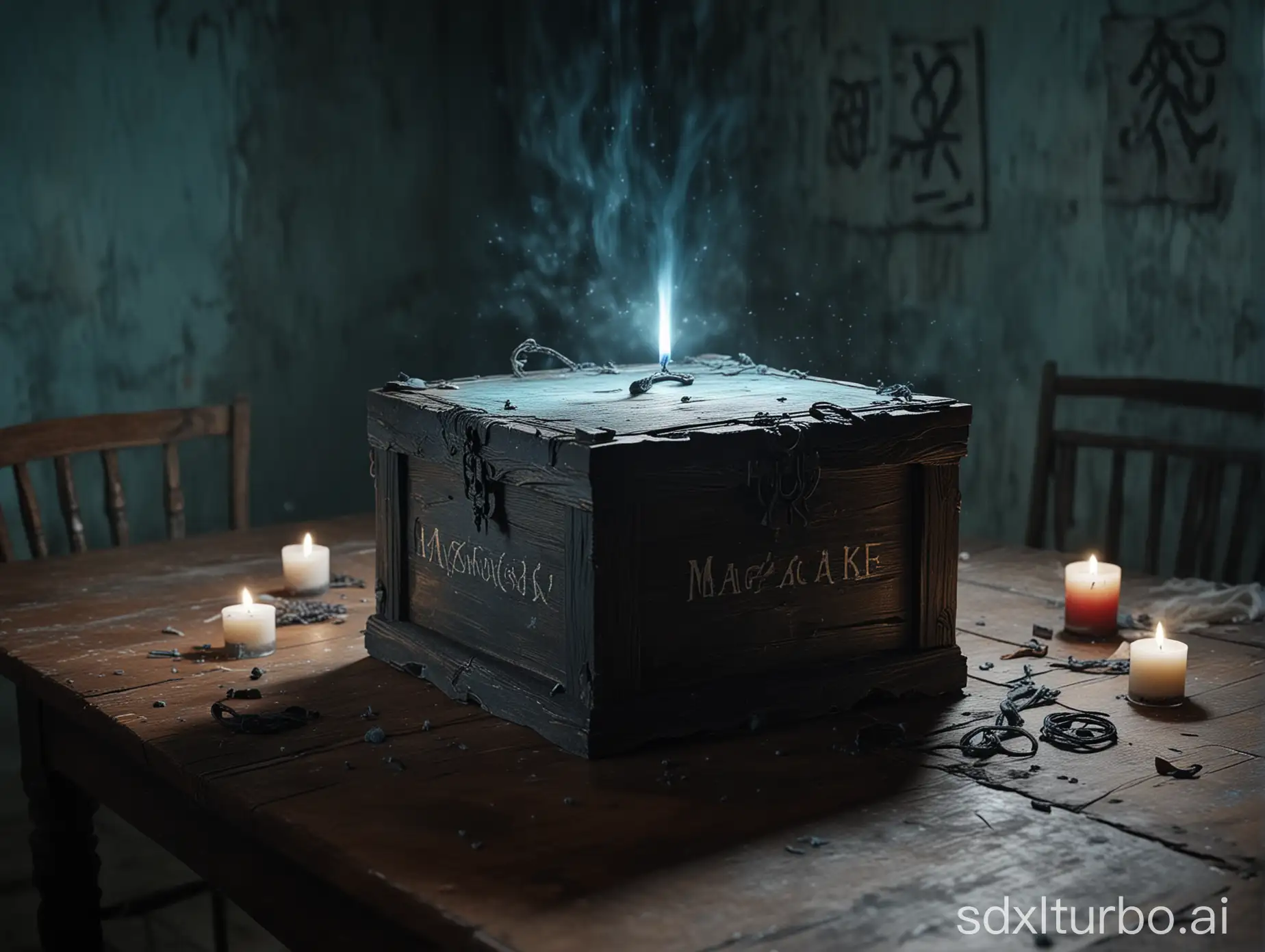 whole scene,sinophobia,In a dim and eerie chamber, the flaking walls are plastered with faded yellow talismans that cast eerie shadows under the flickering candlelight. At the heart of the room stands a rugged wooden table, draped with a red tablecloth mottled with bloodstains and grime, its coarse texture and frayed edges adding to the macabre. Hovering above the table is an ancient wooden box, its surface inscribed with twisted runes of enchantment, surrounded by an ominous aura of pale blue light, radiating a sense of impending doom. The entire scene is charged with an evil force on the brink of eruption, foretelling an unknown catastrophe.