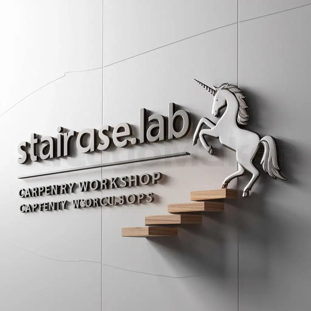 a logo design,with the text "Staircase.Lab", main symbol:Unicorn is going up the stairs. Carpentry workshop,complex,clear background