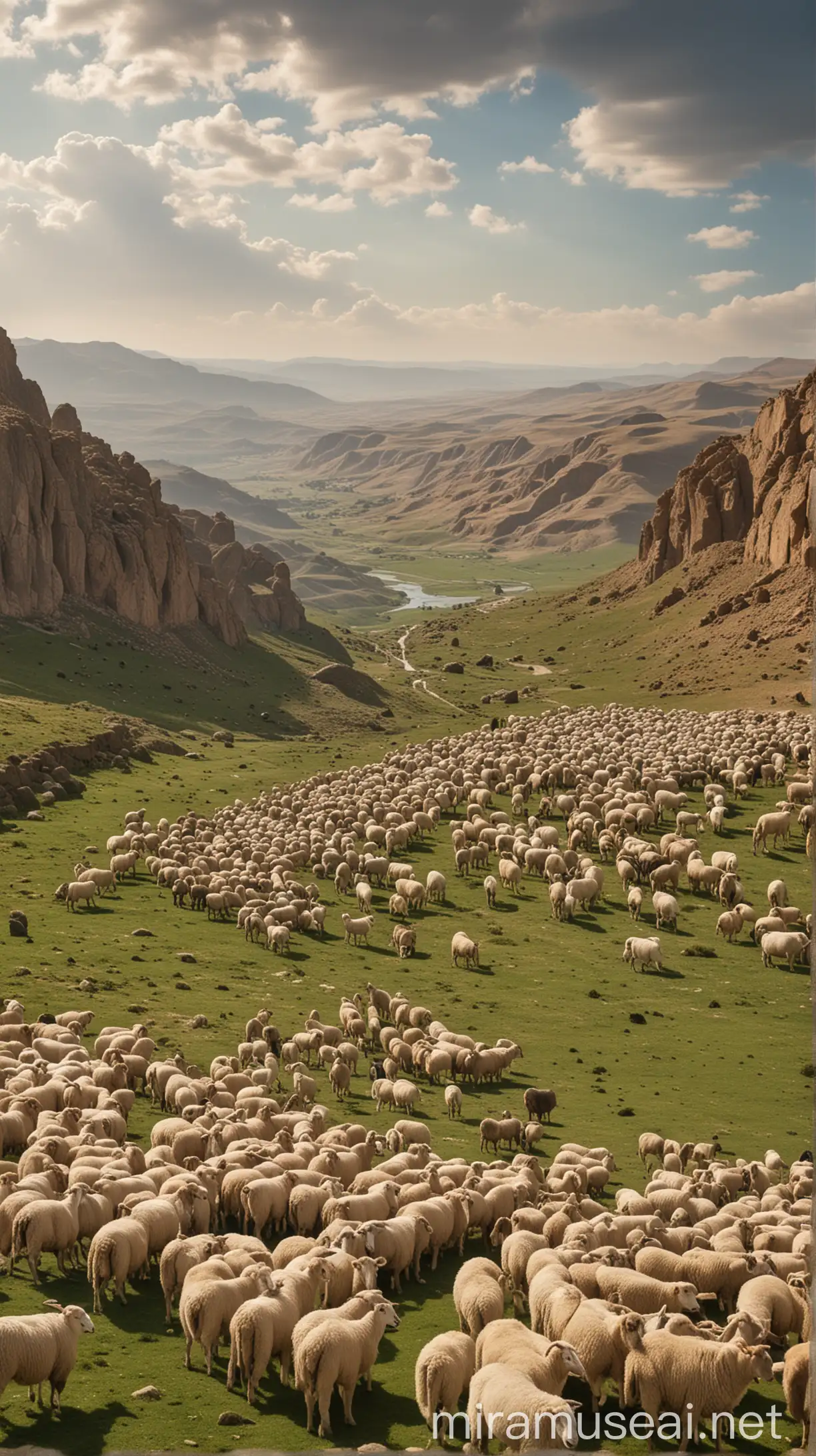 A wealthy landowner's estate with a vast flock of sheep and goats, with Nabal standing in the center, looking out over his lands in ancient world 