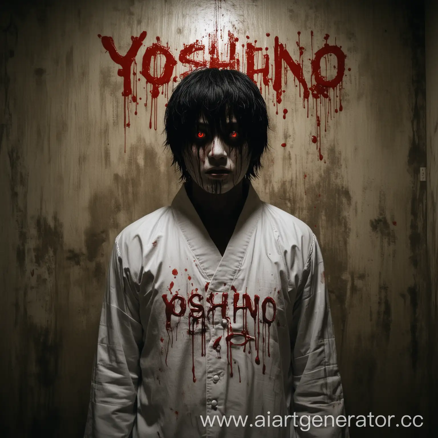 in front of you in a scary room with blood sits a dark man without a face with black hair with eyes on the walls, with the inscription yoshino